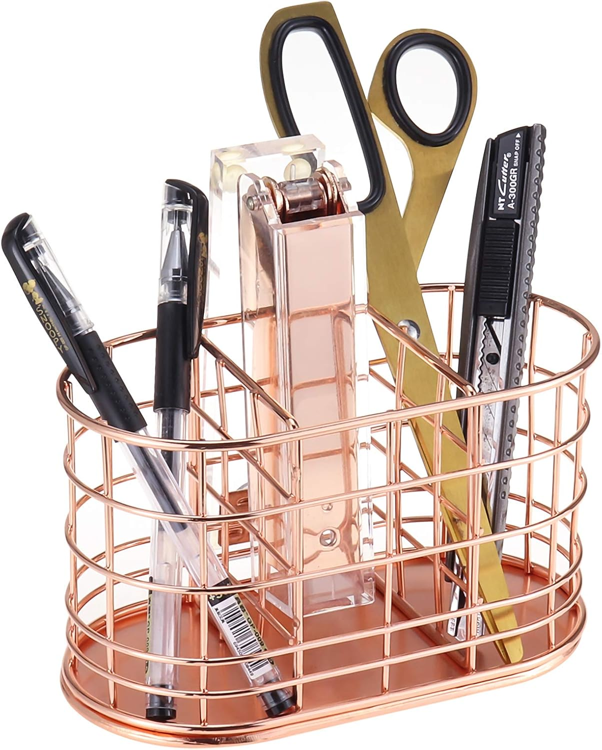 LEORISO Pen Holder with 3 Slots, Metal Desk Accessories Organizer for Home School Office Supplies Organizer, Makeup Brush Holder, Rose Gold image number 4