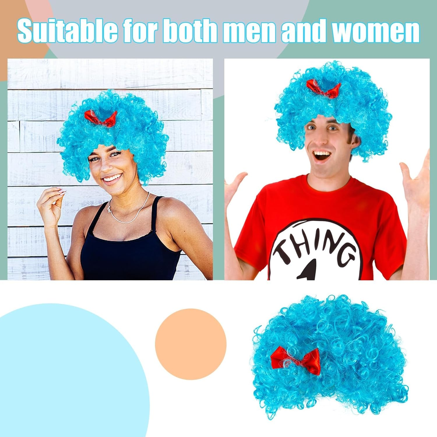 Kuskins 2 Pcs Blue Wigs for Thing 1 Cosplay Accessories - Curly Funky Afro Costume Wig for Reading Week, Halloween and Thing One Party image number 3