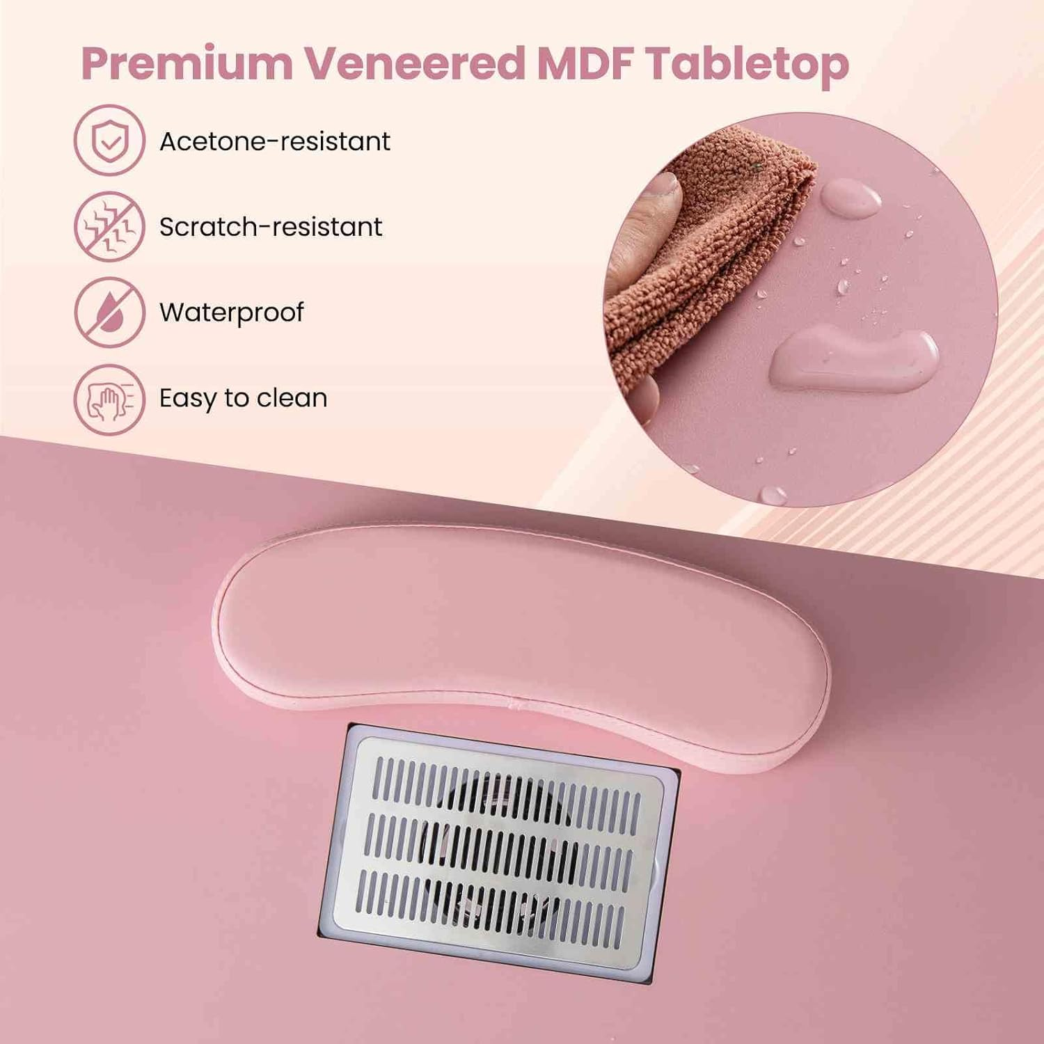 Costway Manicure Table Nail Desk W/Electric Dust Collector, 3 Dust Bags, Wrist Rest, Drawers, Movable Nail Tech Desk on 8 Lockable Wheels, Wooden Nail Art Workstation for Spa Beauty Makeup (Pink)