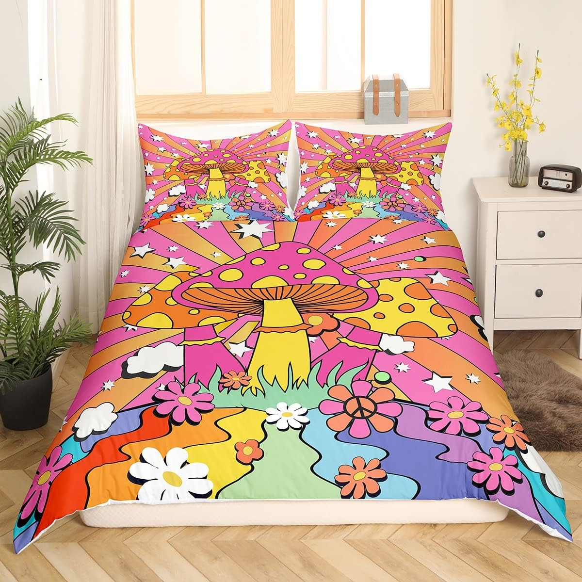 Hippie Mushroom Duvet Cover Set Single Size, Stars Peace Symbol Flowers Print Comforter Cover for Children Boys Gift, 70S Rainbow Stripes Groovy Bedding Set with 1 Pillowcase image number 1