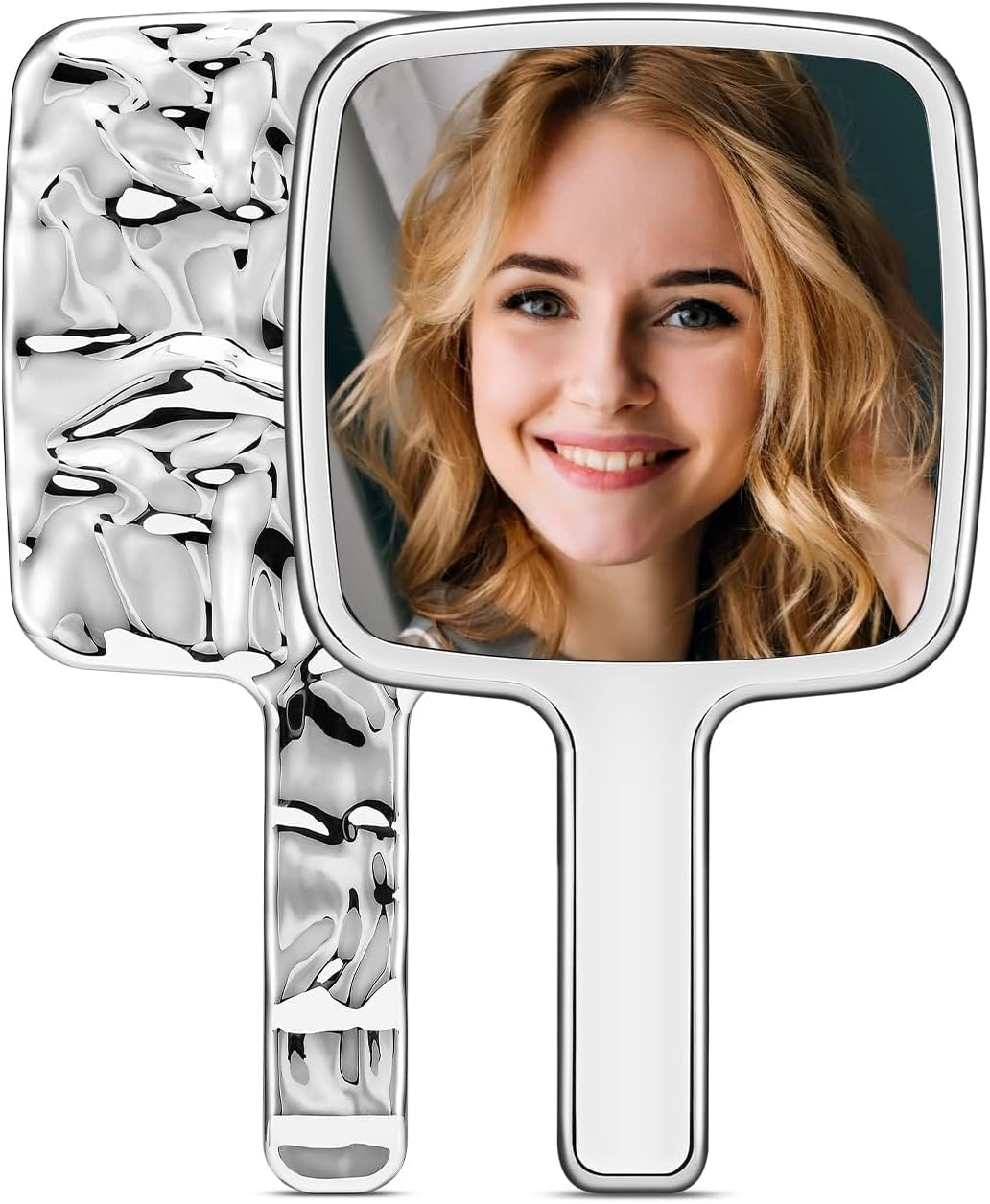 Water Ripples Handheld Mirror - Quttly Square Silver Makeup Mirror with Handle, Small 4X7 Inches for Precise Application