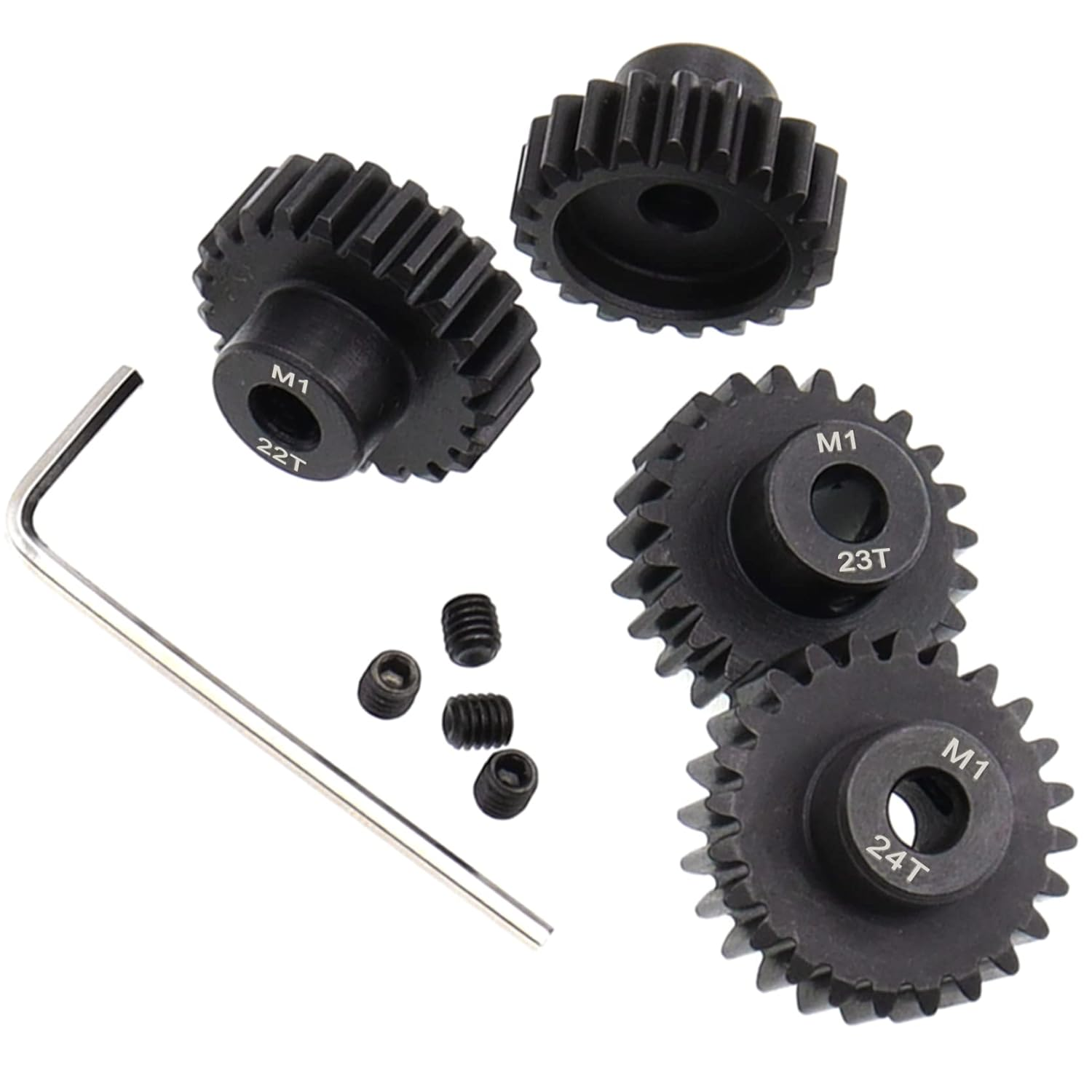 Treehobby 4PCS Metal Steel M1 Pinion Gear Sets 21T 22T 23T 24T Fit 5Mm RC Motor Shaft Gears Compatible with Arrma Traxxas Axial HSP Redcat Losi 1/8 1/10 Scale RC Car Truck Buggy