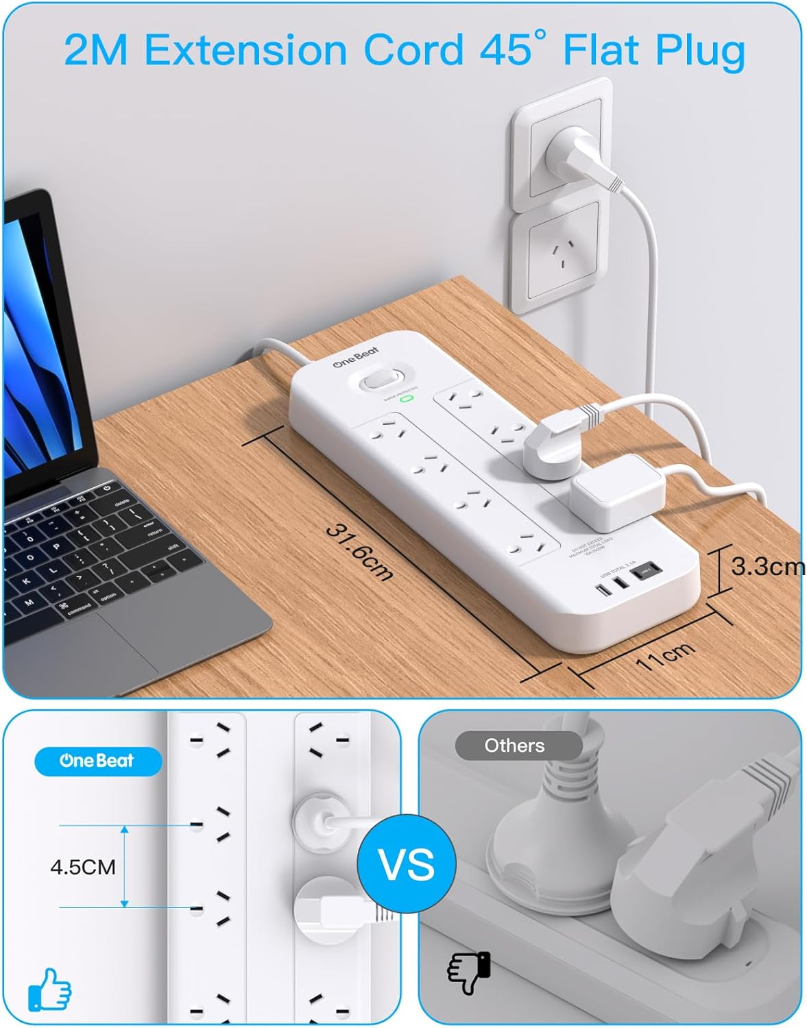 Power Board Surge Protected, 8 Widely Outlets with 4 USB Ports(2 USB a 2 USB C Charging Port), USB Power Board with 2M Extension Cord, 900J Surge Protection, Flat Plug, Wall Mount for Home Office image number 6