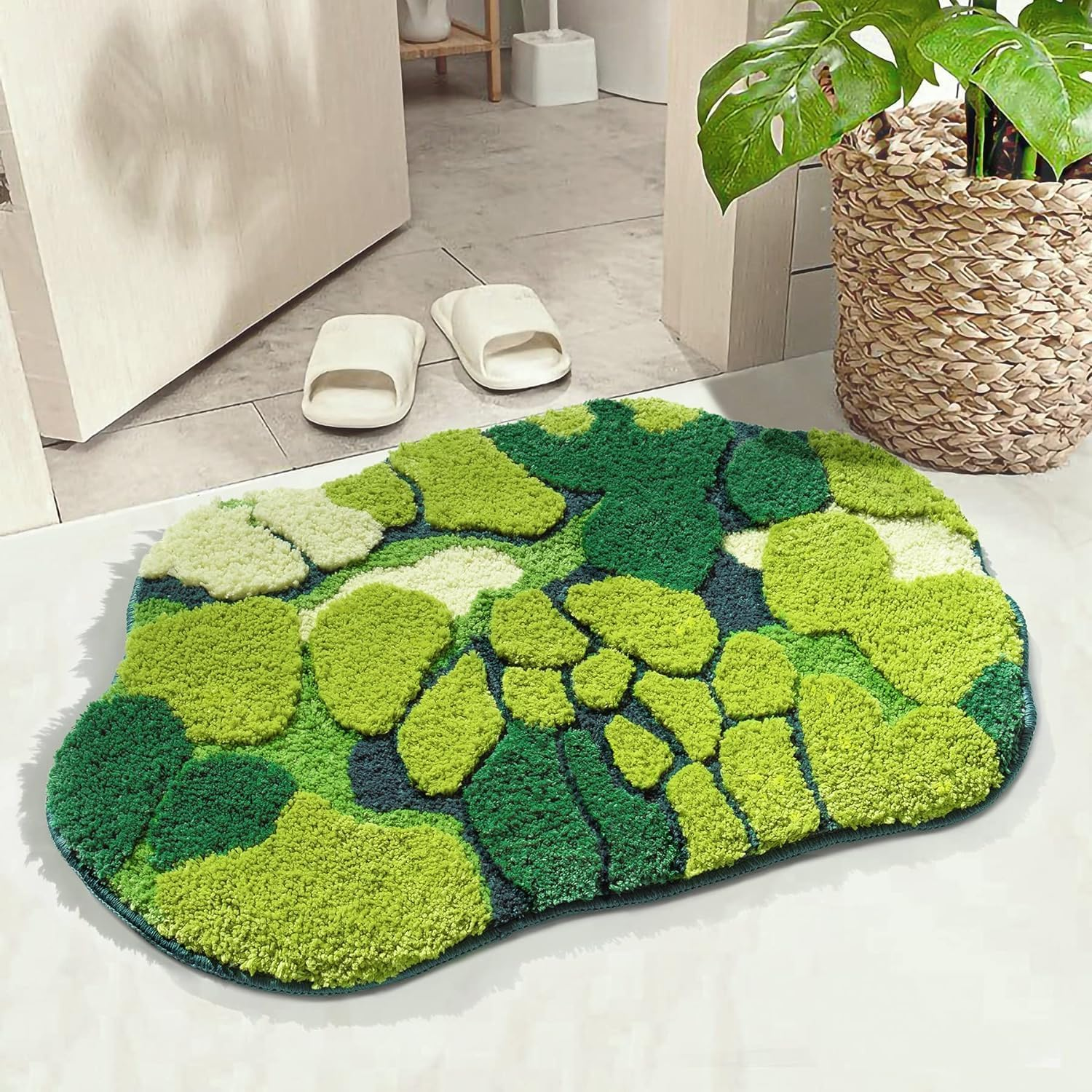 Green Moss Bathroom Rugs Cute Leaf Bath Mat for Bathroom Non Slip Soft Microfiber Water Absorbent Aesthetic Green Bathroom Decor Boho Plush Rug for Shower, 80 * 60Cm image number 1