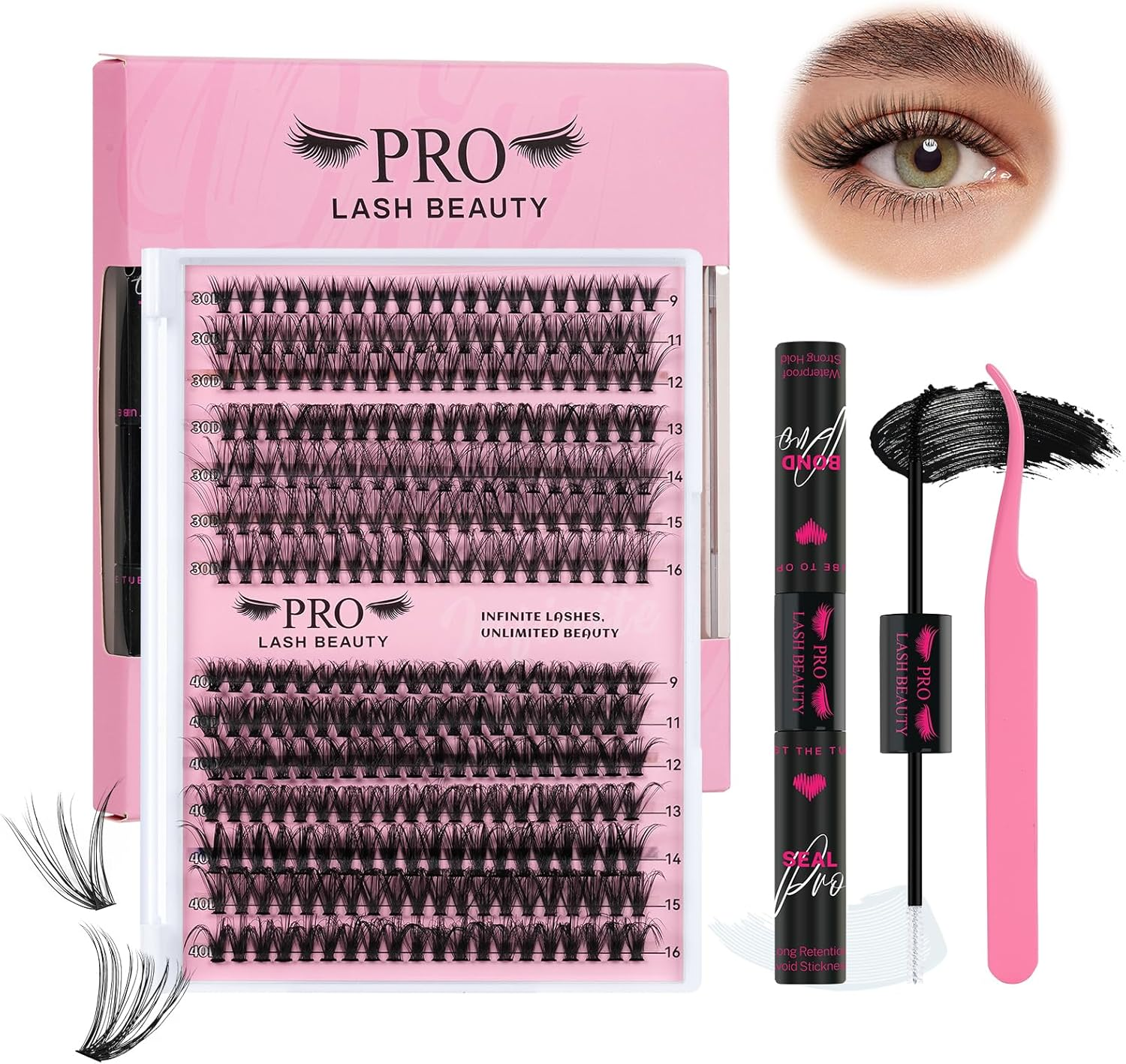 DIY Lash Extension Kit 280 Pcs Cluster Lashes Lash Clusters Kit 30D+40D with Lash Bond and Seal Waterproof Lash Applicator Individual Lashes Apply at Home Easy(30D+40D-9-16Mix Kit) image number 5