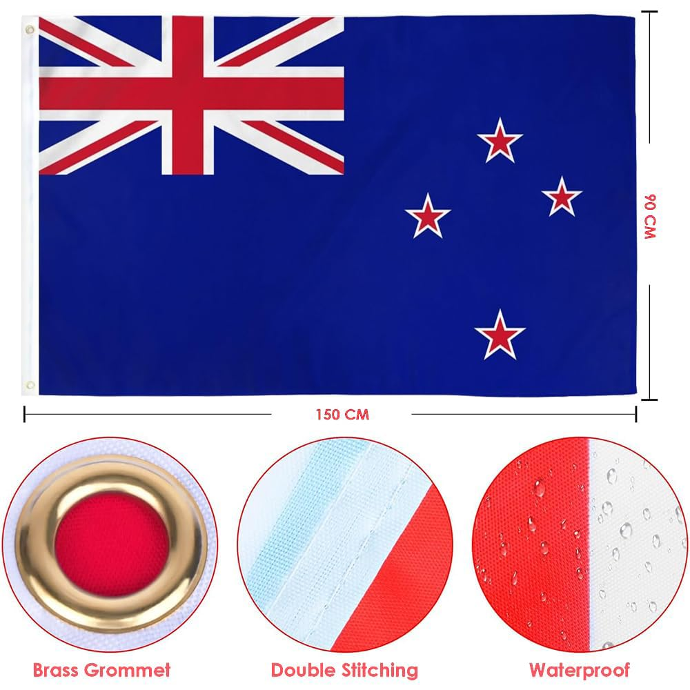 New Zealand Flag 90 * 150 Cm,New Zealander Kiwi National Flag,Polyester Thickness, Fade Resistant, Brass Grommets, Canvas Header, Indoor/Outdoor, Vibrant Colors,Not Fear of Rain and Snow image number 1