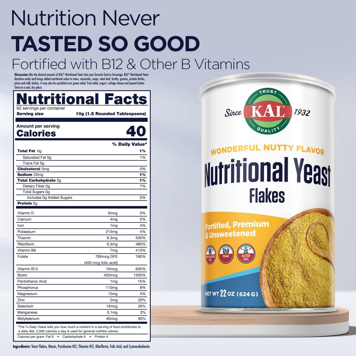 KAL Nutritional Yeast Flakes | Vitamin B12, Vegan, Non-Gmo, Gluten Free | Unsweetened, Great Flavor, No Bitter Aftertaste | Great for Cooking | 22 Oz