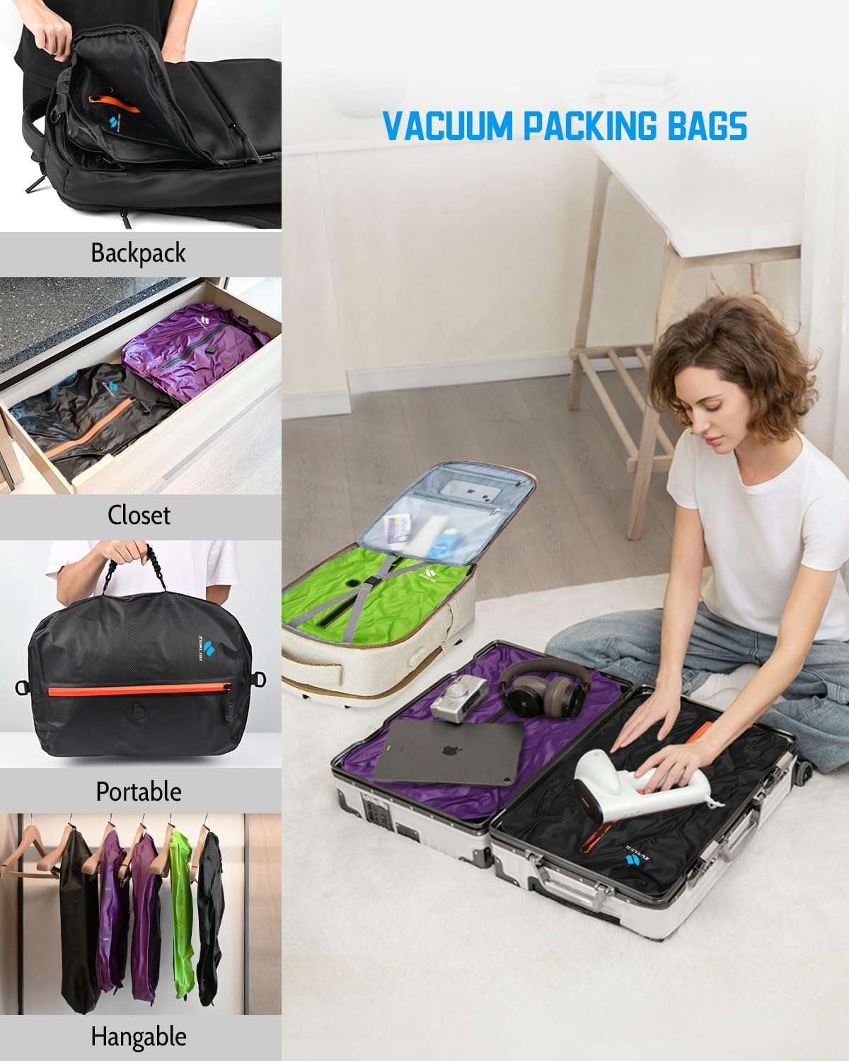 Zurligi Vacuum Bag for Travel with Pump, 40L Vacuum Compression Bag with Removable Handle, IP67 Reusable Vacuum Packing Cubes for Luggage, Backpack, Suitcase, Yoga, Swim, Beach (2PCS Black) image number 3