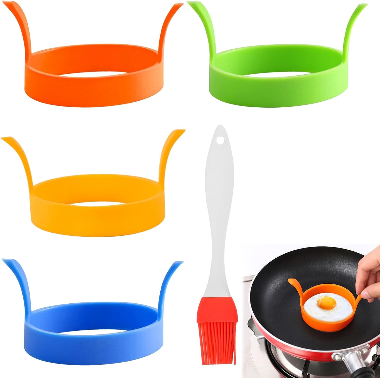 Egg Rings, 4Pcs Egg Ring, Silicone Egg Molds, Silicone Eggs Rings Mold with Brush, Kitchen Baking Tools with Easy Handles, Non-Stick Molds for Fried Eggs, Cooking, Pancakes, Breakfast Sandwiches
