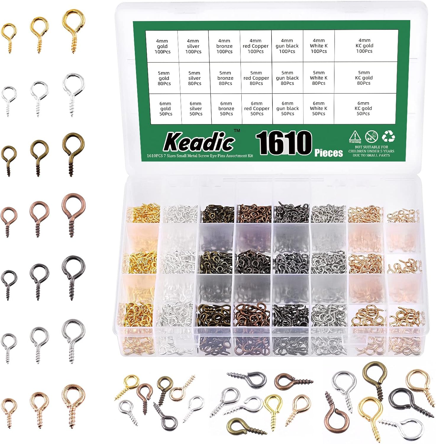 Keadic 1610Pcs 7 Color Small Screw Eye Pins Size Assorted Set, Metal Mini Eyelet Screw Threaded Clasps Hooks for DIY Charm Pendants Jewelry Making (0.16&rdquo; X 0.32&rdquo;, 0.2&rdquo; X 0.39&rdquo;, 0.24&rdquo; X 0.5&rdquo;) image number 1