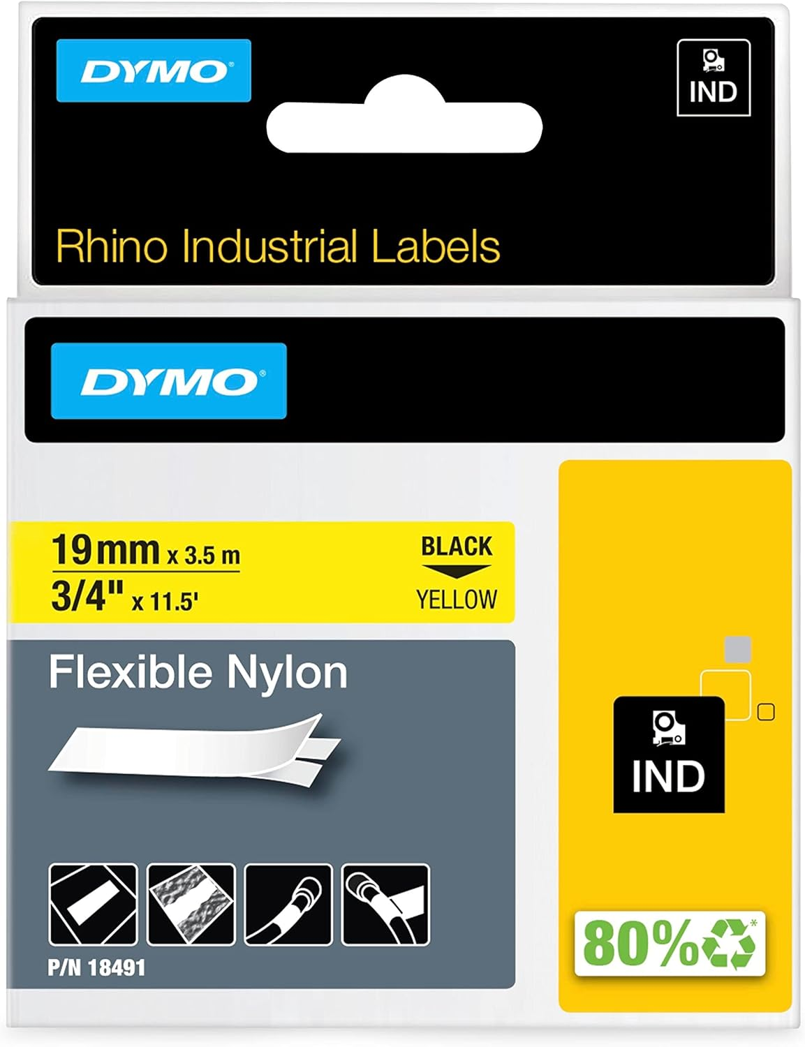 DYMO Rhino Industrial Nylon Labels, 19 Mm X 3.5 M, Black Print on Yellow, Self-Adhesive, 18491