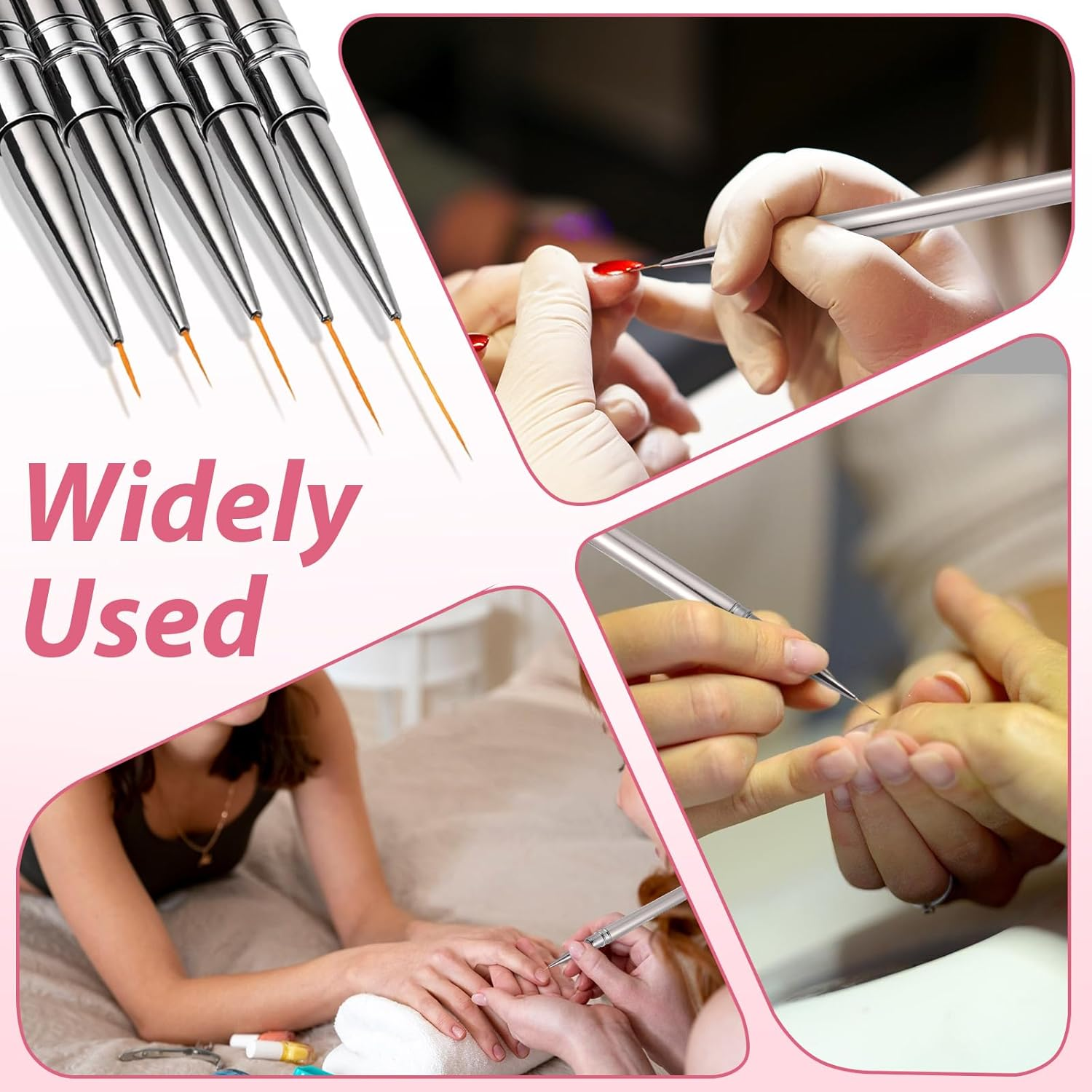 Metallic Nail Art Brushes, 5Pcs Liner Brushes for Nails Detail Brush Dotting Painting Tools Thin Nail Art Brush for Gel Polish Long Lines Thin Details Fine Drawing, Sizes 6/9/12/15/18Mm (Silver) image number 1