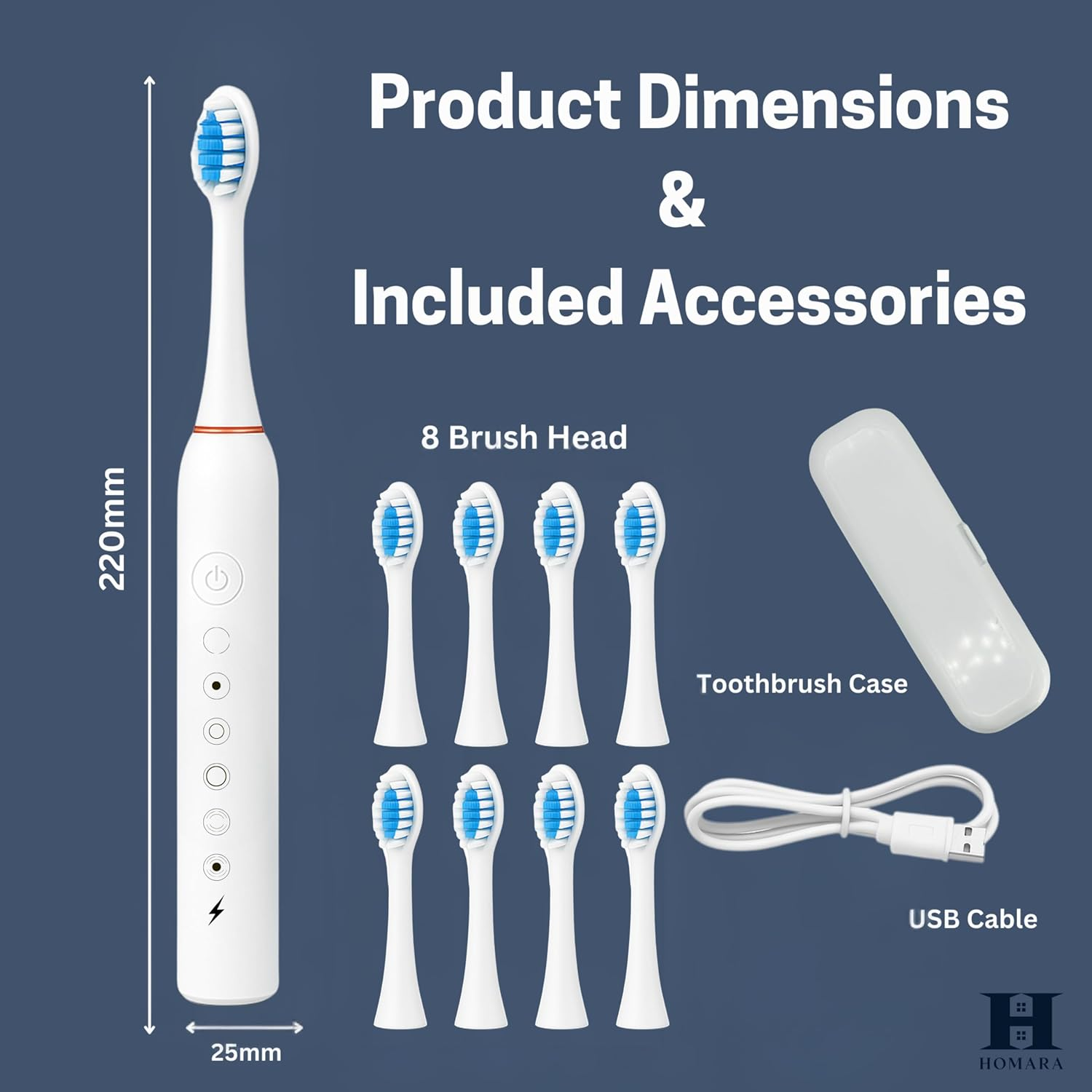 HOMARA - Electric Toothbrush for Adults & Kids &ndash; Rechargeable Sonic Toothbrush with 8 Brush Heads, 5 Cleaning Modes, 40,000 VPM, 30-Day Battery, Timer, Waterproof, Travel Case Included. image number 1