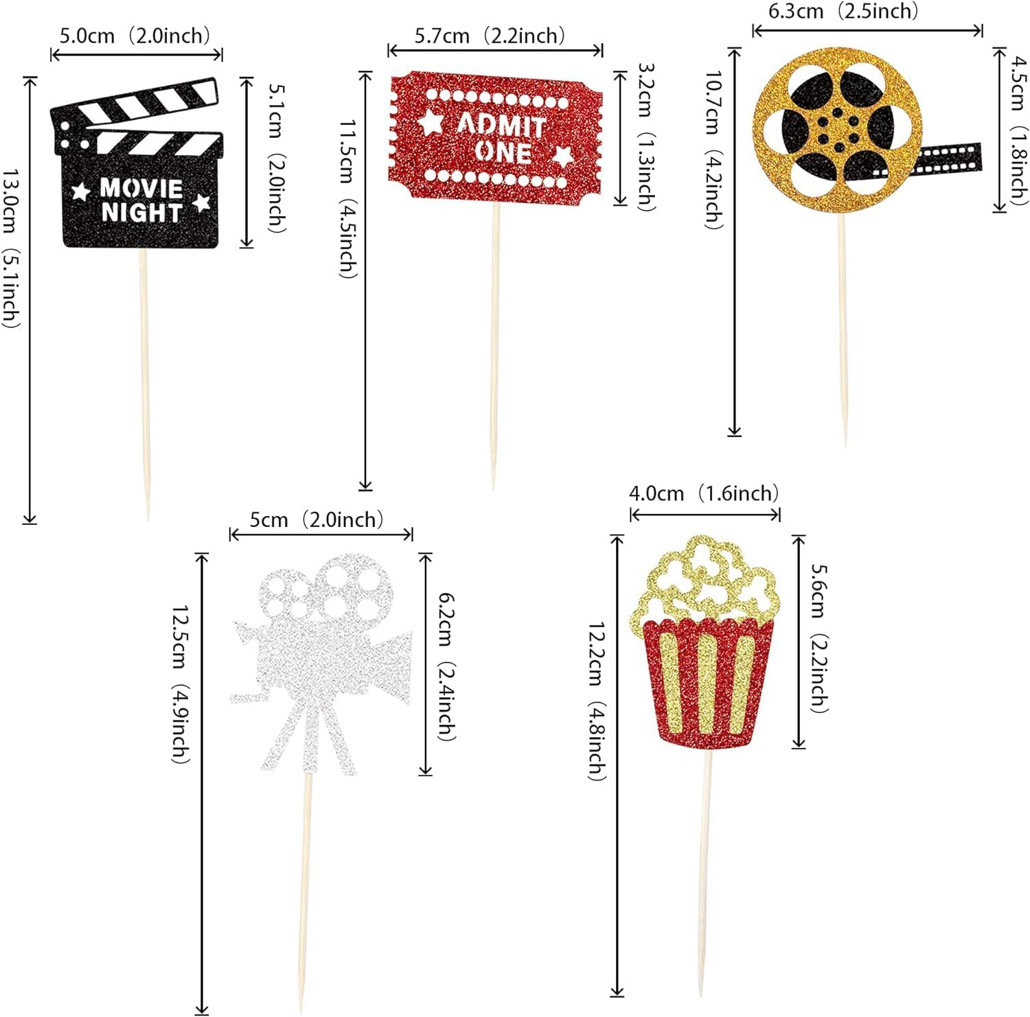 SYKYCTCY 30 Pack Movie Theater Cupcake Toppers Glitter Night Roll Camera Popcorn Cupcake Picks Hollywood Theme Baby Shower Kids Birthday Party Cake Decorations Supplies image number 4