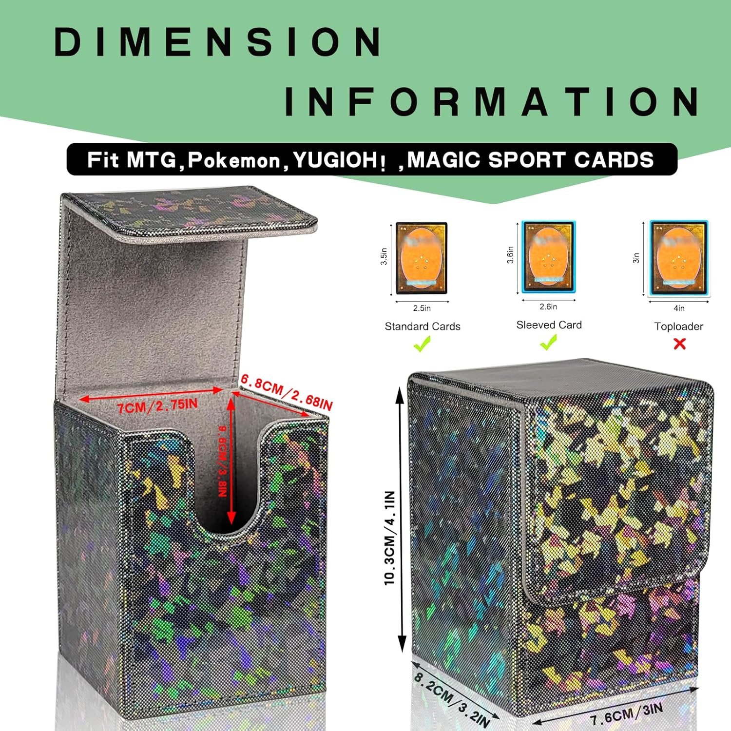 Dmoicols Sparkly Card Deck Box Holds 100+ Single Sleeved Cards ,Leather Card Storage Case,Mtg Commander Deck Box with 2 Dividers Fit TCG CCG Magic Cards Vertical(Sparkly Black Piece) image number 2