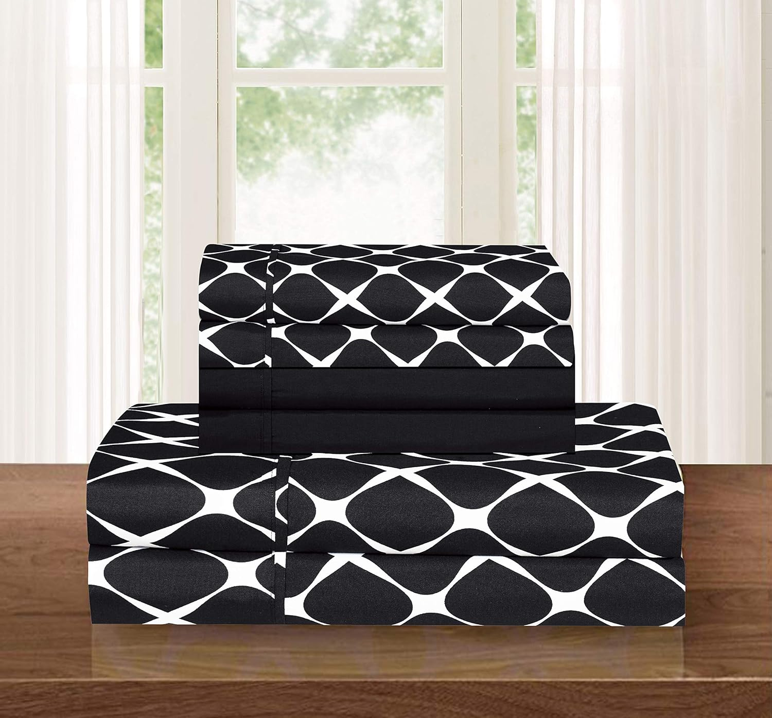 Elegant Comfort Luxury Softest and Coziest 6-Piece Bed Sheet Set, Wrinkle Resistant Milano Trellis Pattern - 1500 Thread Count Egyptian Quality Coziest Bedding Set, Black, King image number 4