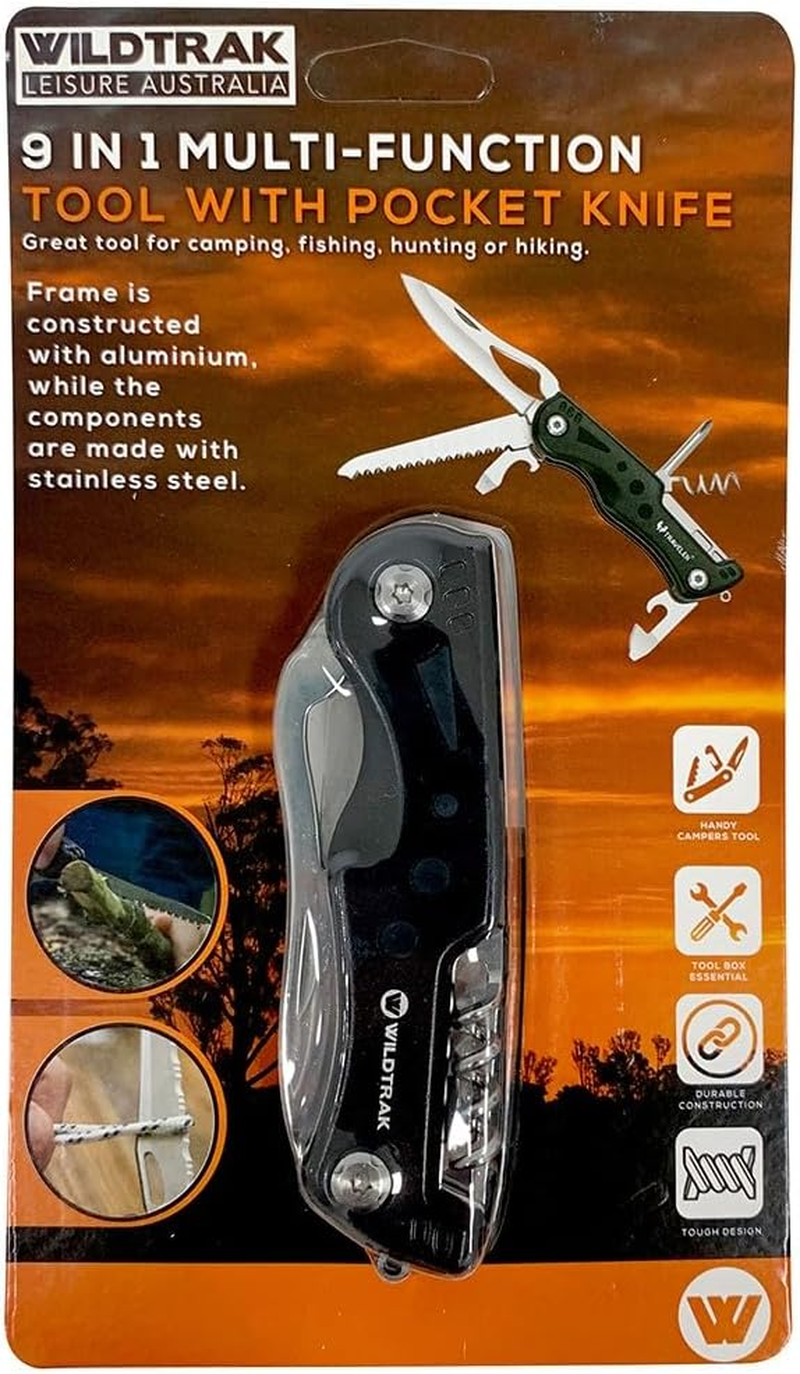 Wildtrak 9-In-1 Aluminium Handy Multi Tool W/Pocket Knife Outdoor Camping Black image number 1
