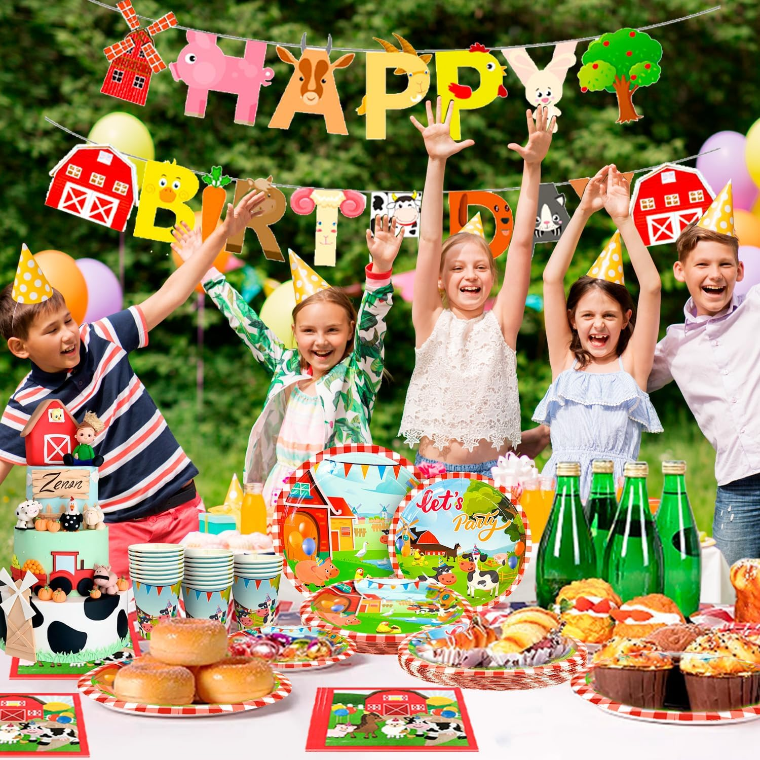 Farm House Fun Barnyard Animals Party Supplies,130Pcs Farm Theme Birthday Decorations Tableware Set-Farm Party Plates Cups Napkins Tablecloth Banner Etc Farm Birthday Party Supplies for Boys/Girls image number 2