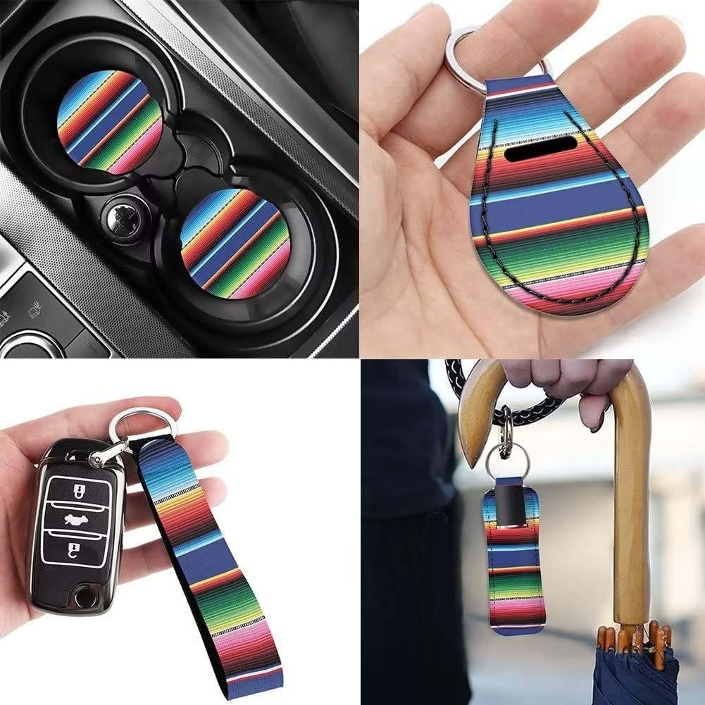 Wideasale Mexican Blanket Serape Stripe Pattern Colorful 12 Pcs Set Car Accessories Universal Fit Full Seat Cover+Steering Wheel Covers+Keychain+Lipstick Holder+Coaster Auto Interior Protector