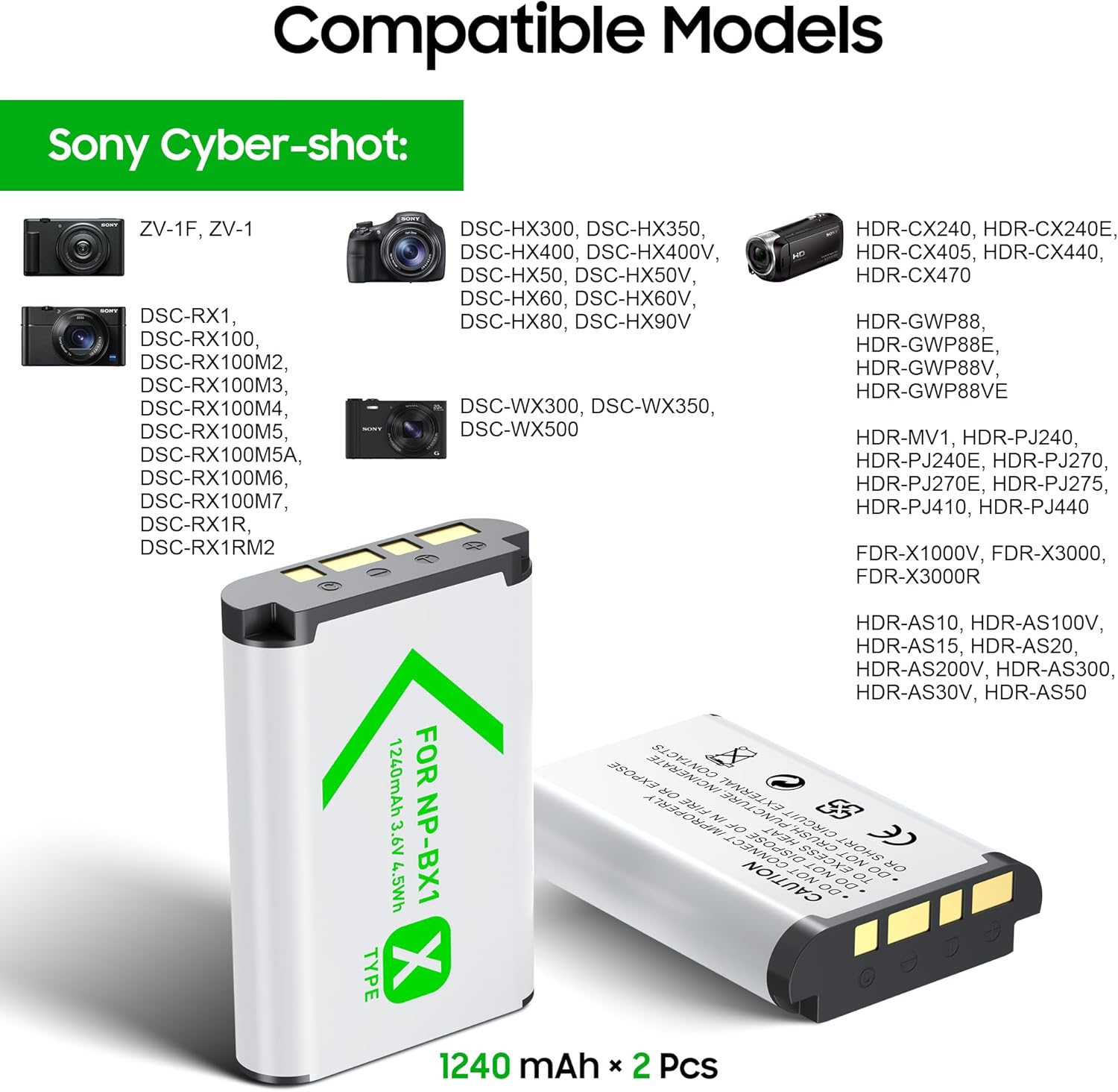 NP-BX1 Battery(2 Pack) and Charger(2Ch) Set,Camera Accessories Kit for Sony Lithium Ion NP-BX1,RX100 VII/VIII,ZV1 II,ZV1F,ZV-1F,DSC-HX400,RX1 Rechargeable Dual Batteries Case,Replacement Attachments image number 3