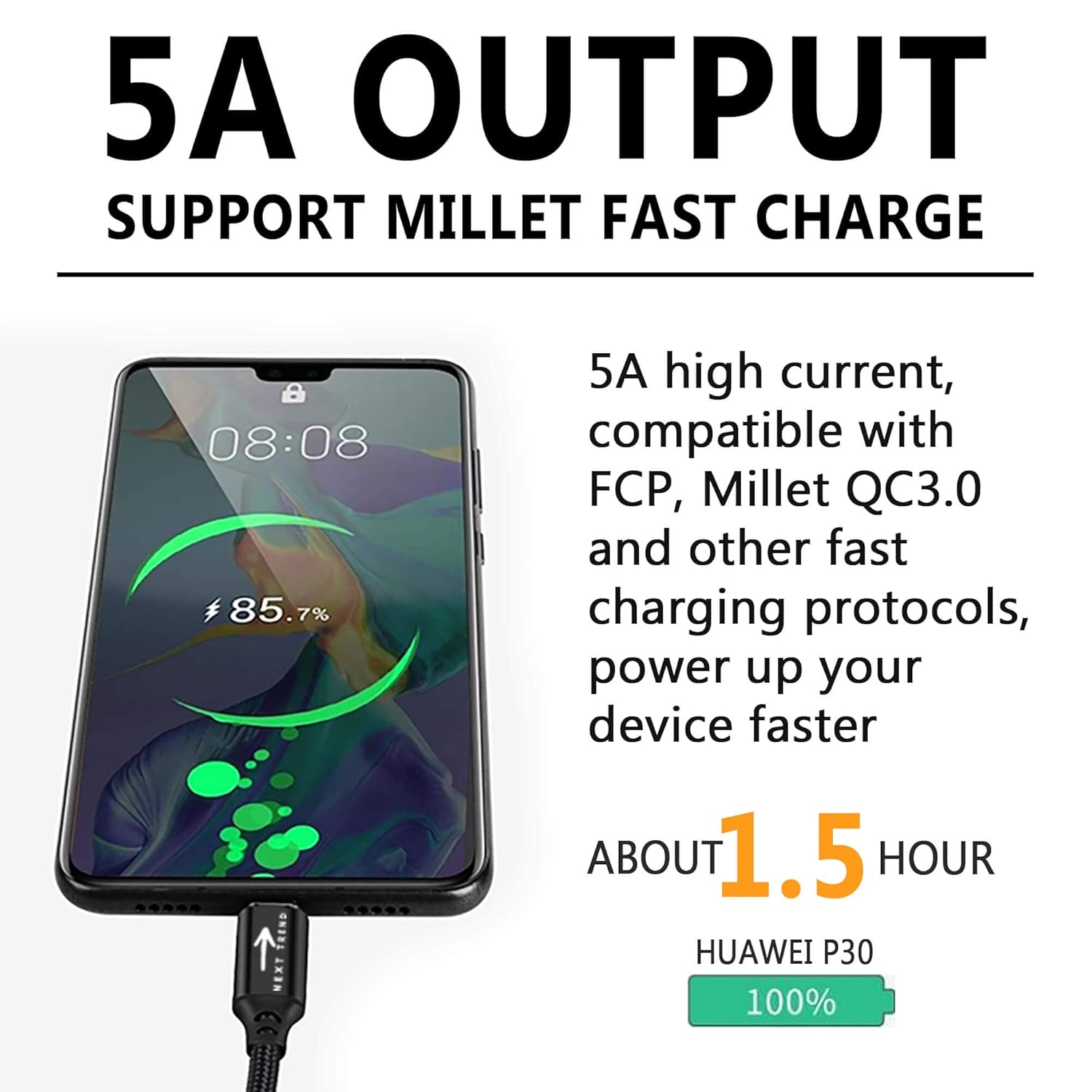 Next Trend Dot USB C to USB C Cable (2-Pack) 1M, 100W/5A Fast Charging, PD, Black image number 6