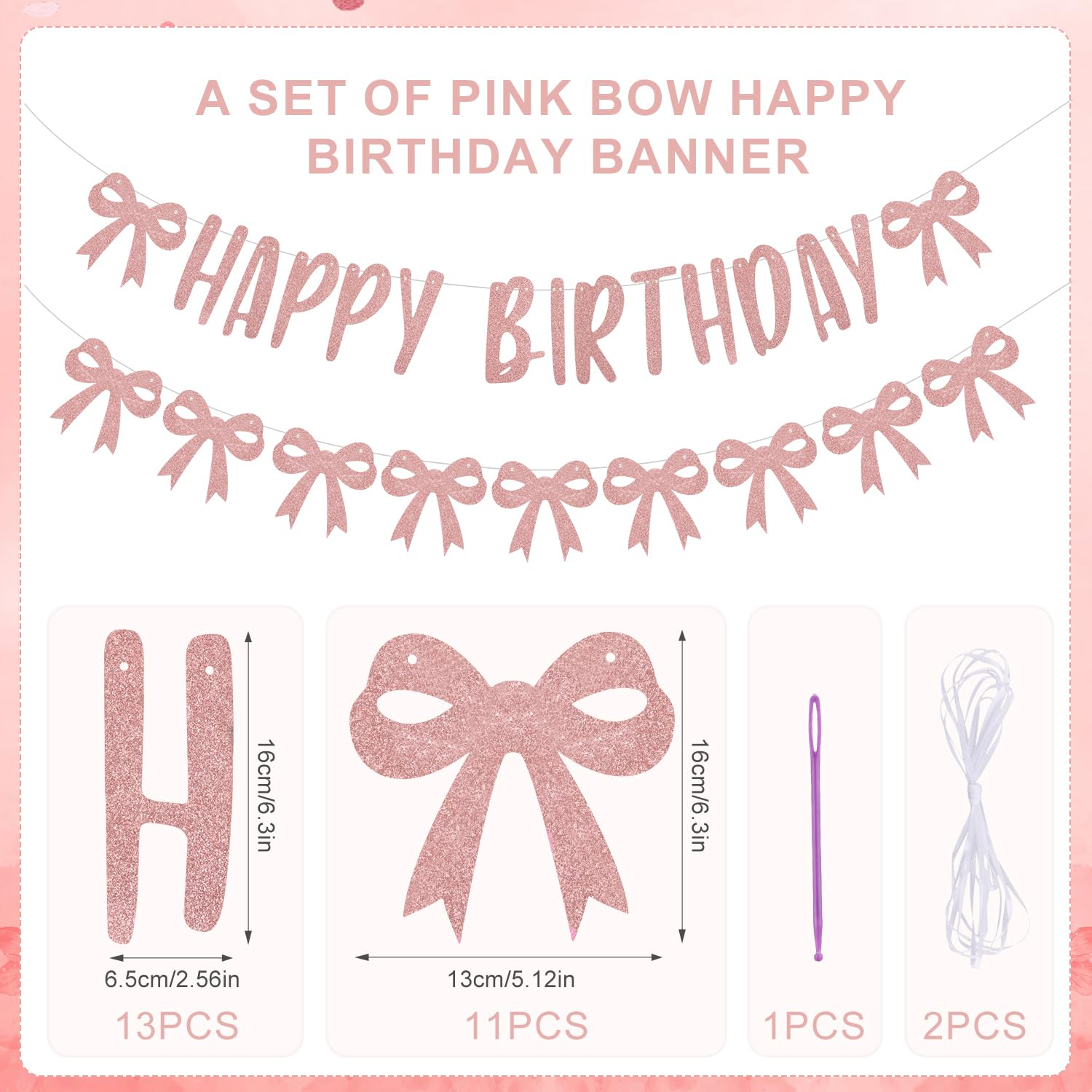 Pink Bow Banner Garland, Coquette Happy Birthday Banner Glitter Birthday Sign Funny Birthday Banner for Women Birthday Party Decorations Supplies Gift Photo Props (Unassembled) image number 5