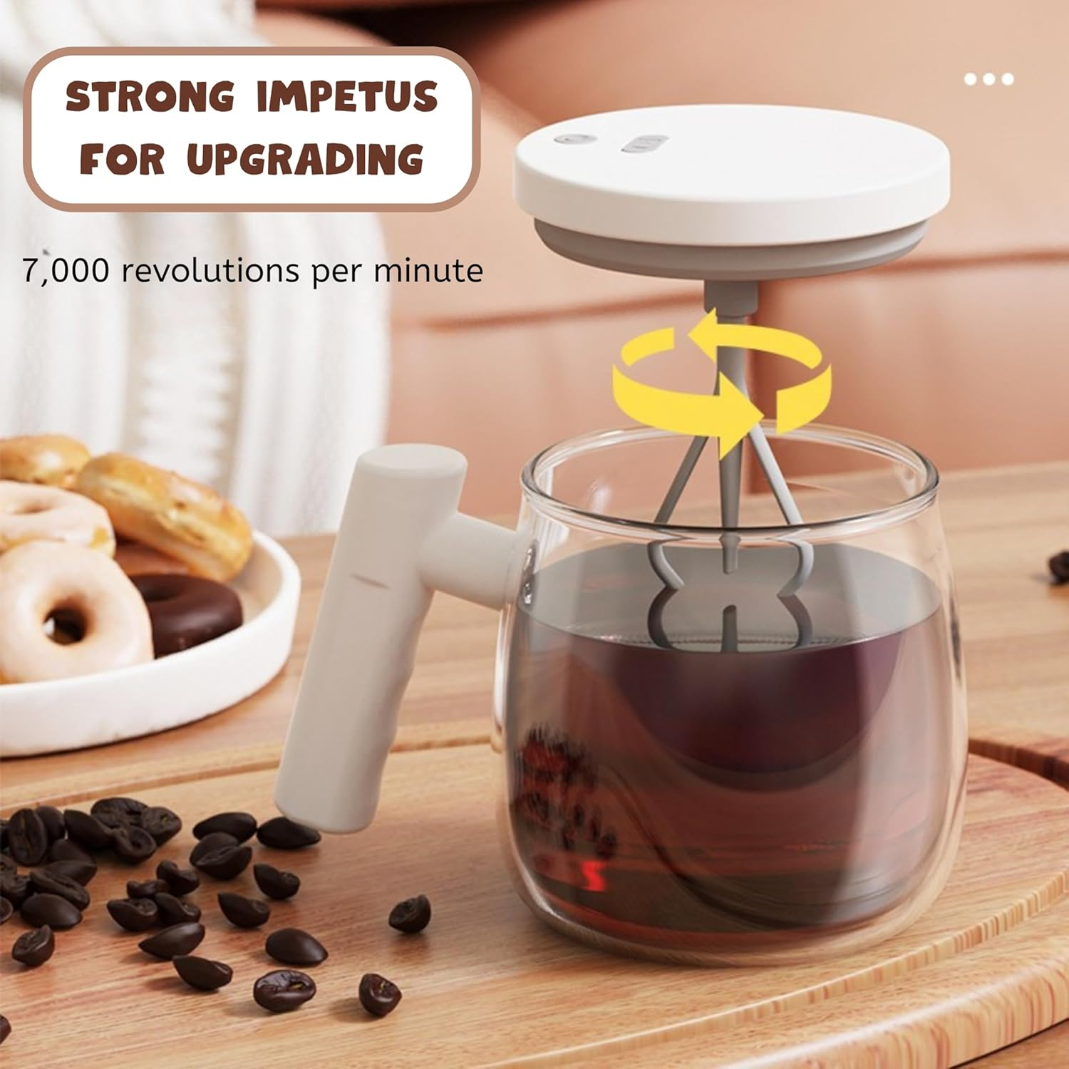 Electric High Speed Glass Self Stirring Coffee Mug with Lid, Rechargeable Automatic Mixing Cup Spinning Mug, Self Stir Mug with Detachable Stirring Rod for Home Office Travel (Rechargeable) (Khaki) image number 1