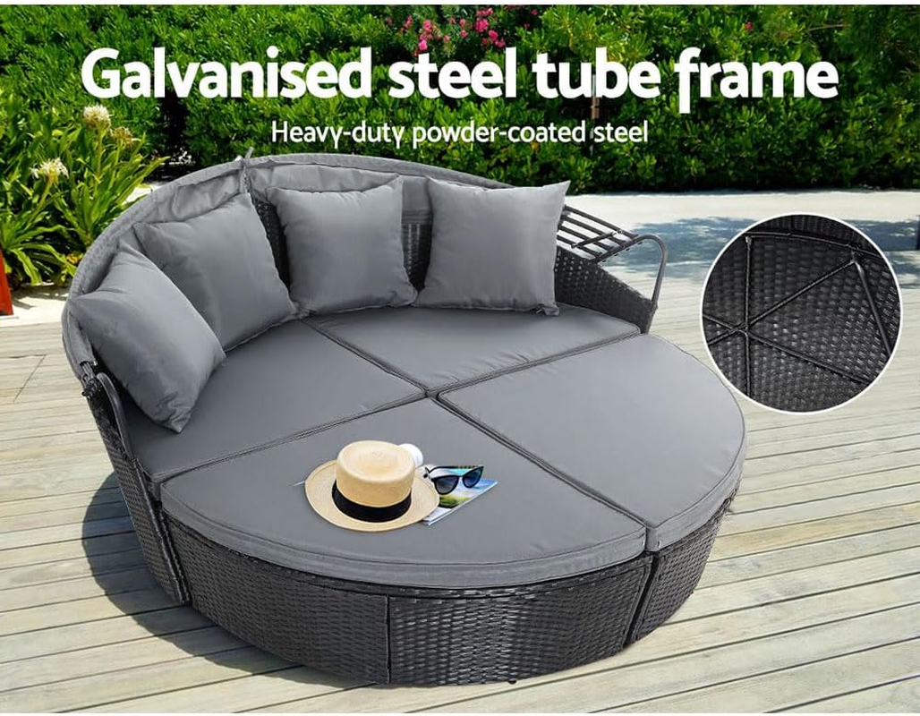 Gardeon Sun Lounge Camping Chair Wicker Folding Day Bed Rattan Lounger, Beach Chairs Sofa Outdoor Furniture Garden Patio Setting Pool Backyard, with Canopy Cushion Pillow Modular Design Black Set of 3 image number 2