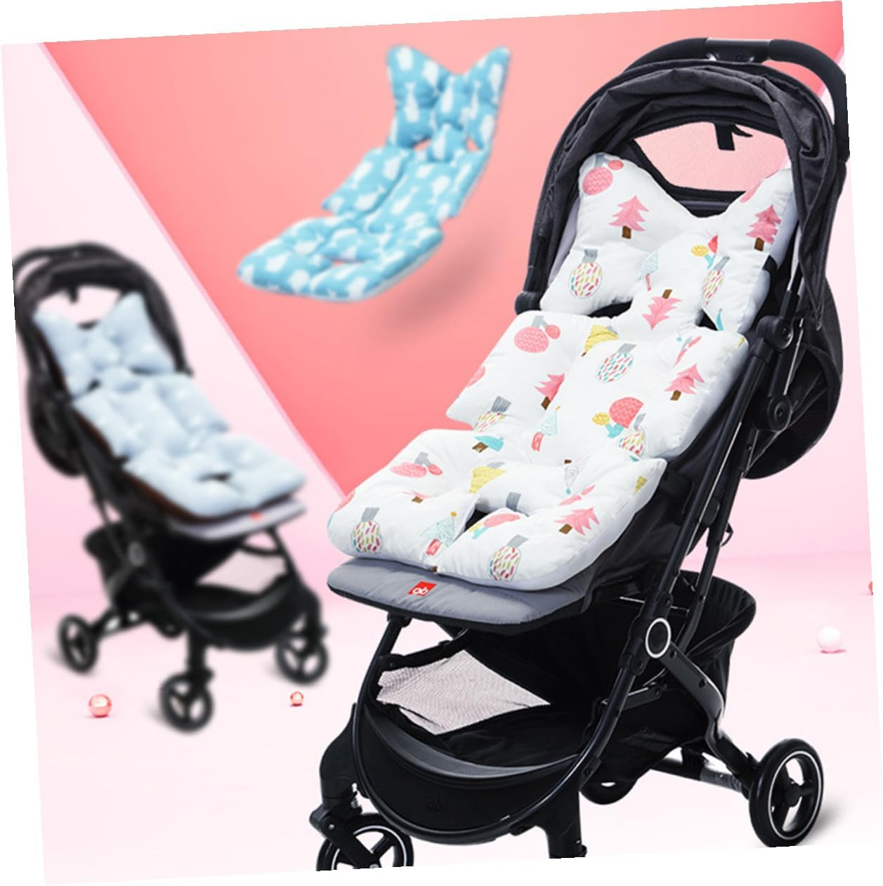 Breathable Cotton Cart Cushion Double-Sided Stroller Seat Pad Lightweight Liner for Pram and Dining Chair with Cartoon Print Forest Pattern