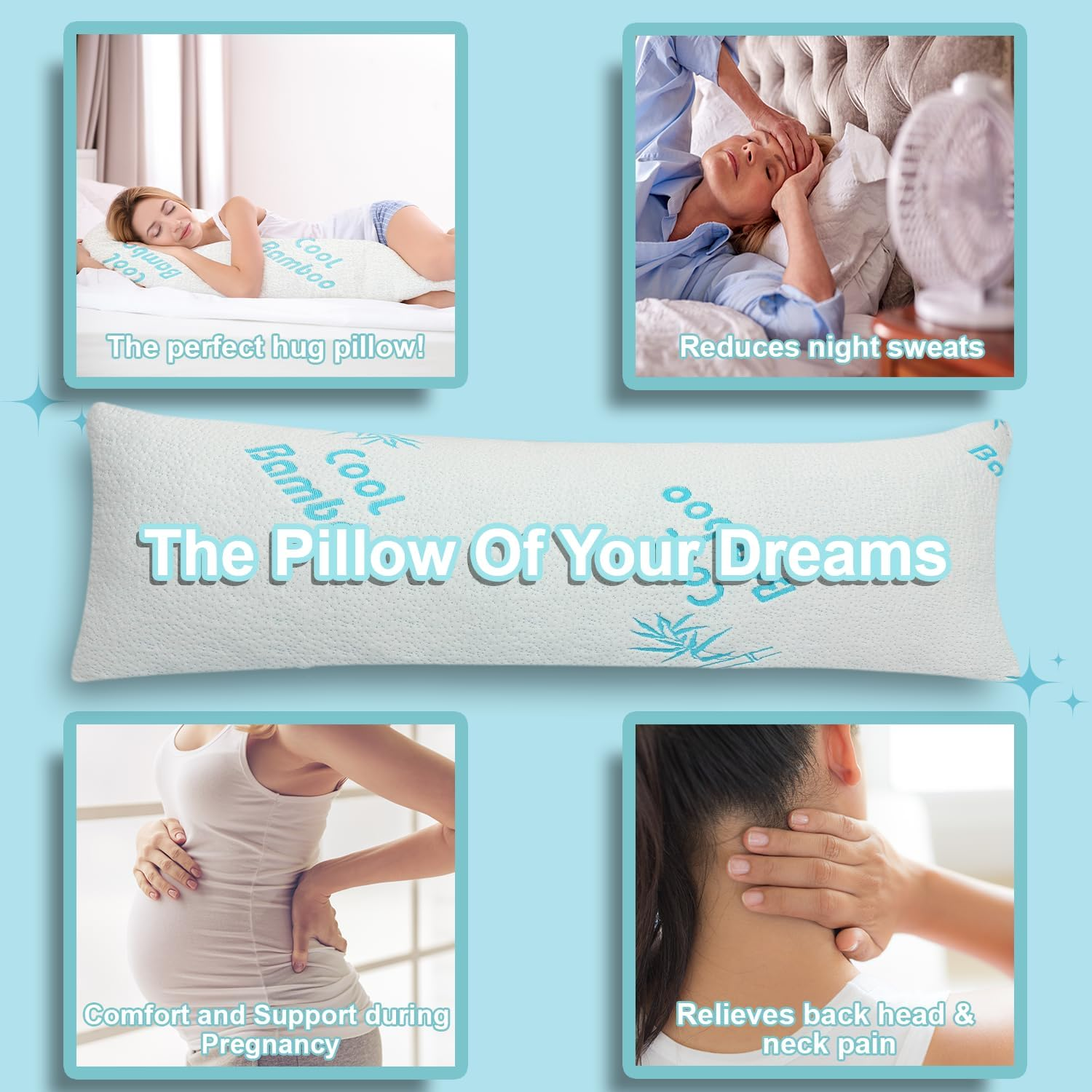 Cooling Bamboo Full Body Pillow for Sleeping, Shredded Memory Foam, Long Pregnancy Pillows for Adults, Washable & Removable Zippered Breathable Hypoallergenic Bamboo Cover Firm Side Sleeper Hug Pillow image number 2