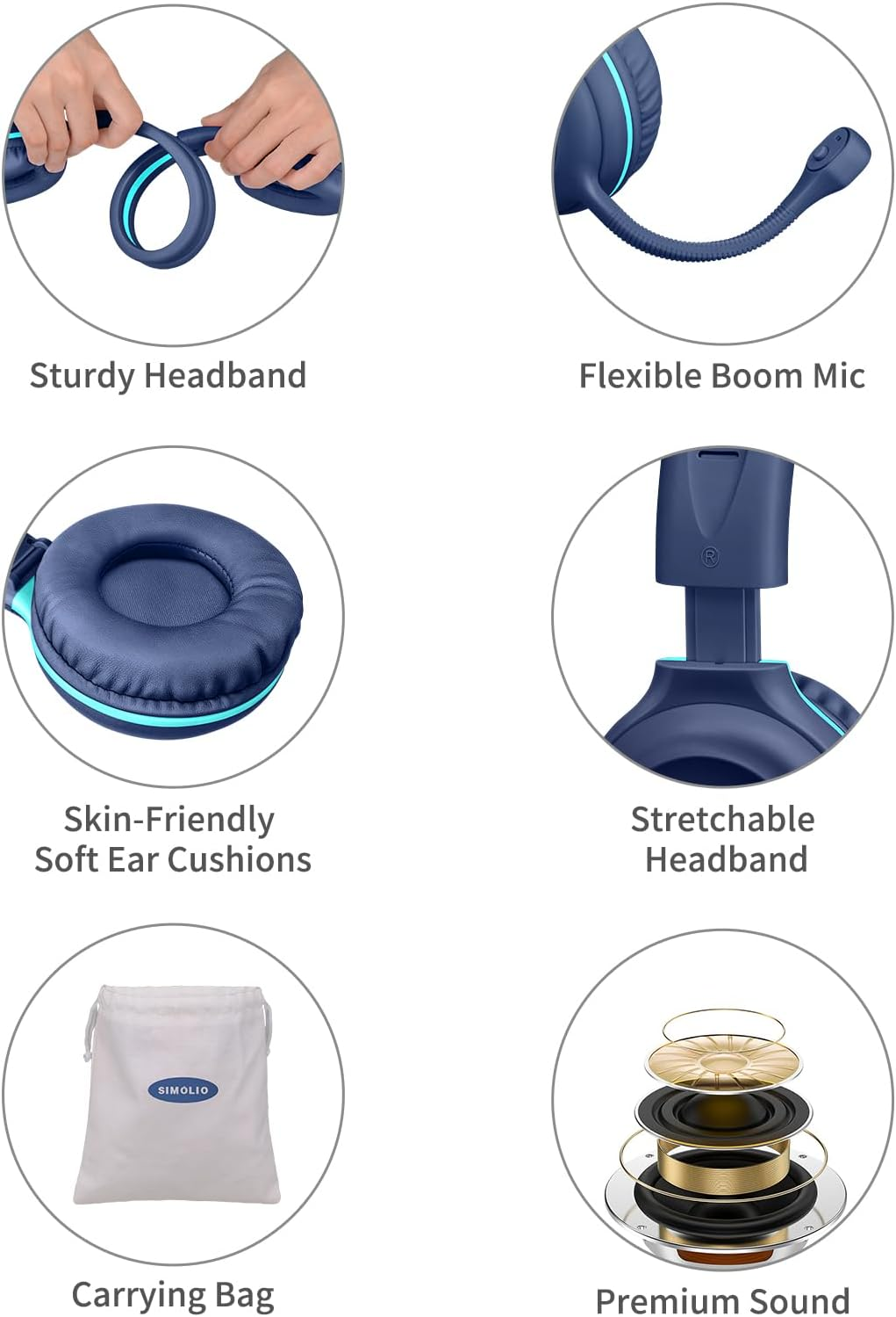 SIMOLIO Kids-Headphones with Microphone for Ipad Laptop, Wired Children Headphone -School W/ 75/85/94Db Volume Limiting, Noise Cancelling Kids Safe Headsets with Cord for Boys, Girls, Teens (Blue) - Blue image number 6