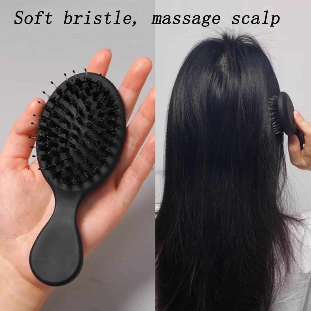 Hair Brush, Travel Pocket Small Boar Bristle Comb, Mini Portable Detangling Brushes for Baby Kids, Adults, Styling Hair Care Tools (Black) - Black image number 2