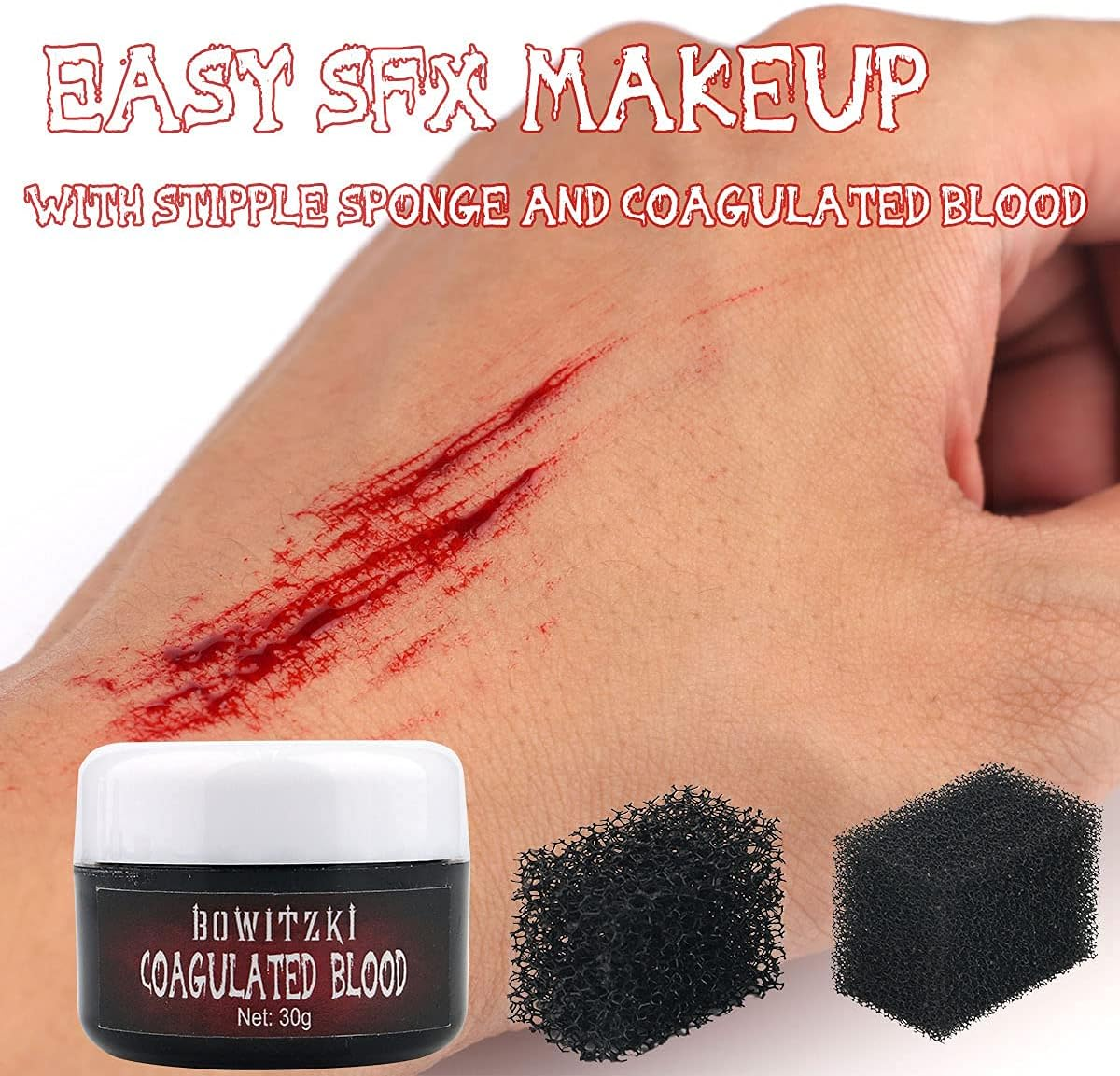 Bowitzki Halloween SFX Makeup Kit Scar Wax Special Effect Makeup,Scab Blood + Spirit Gum + Skin Wax + 2 Stipple Sponges + Extension Oil + Spatula + Fake Blood image number 3