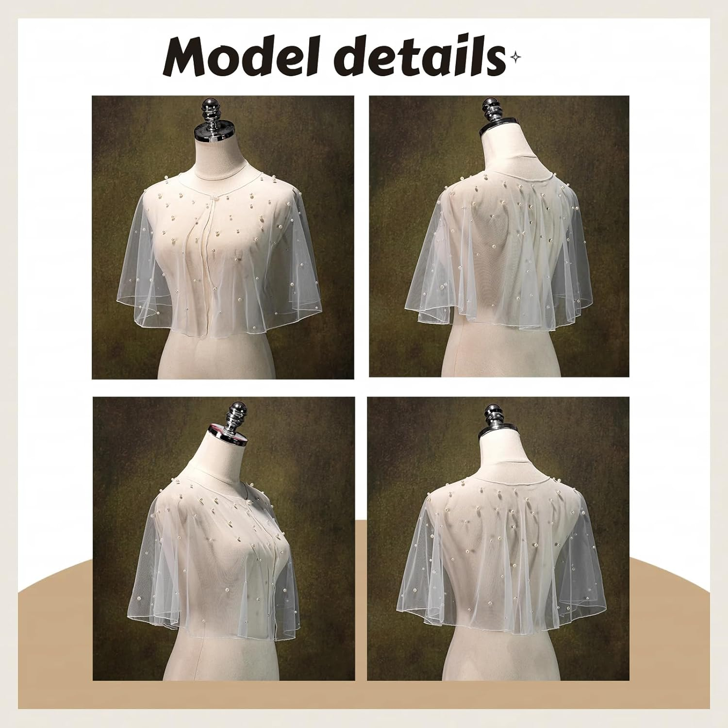 Mopmap Pearls Wedding Capes Shawl Wrap Shrug Bridal Evening Dress Jackets Flapper Bolero Cover up for Party Formal - Off White1 image number 6