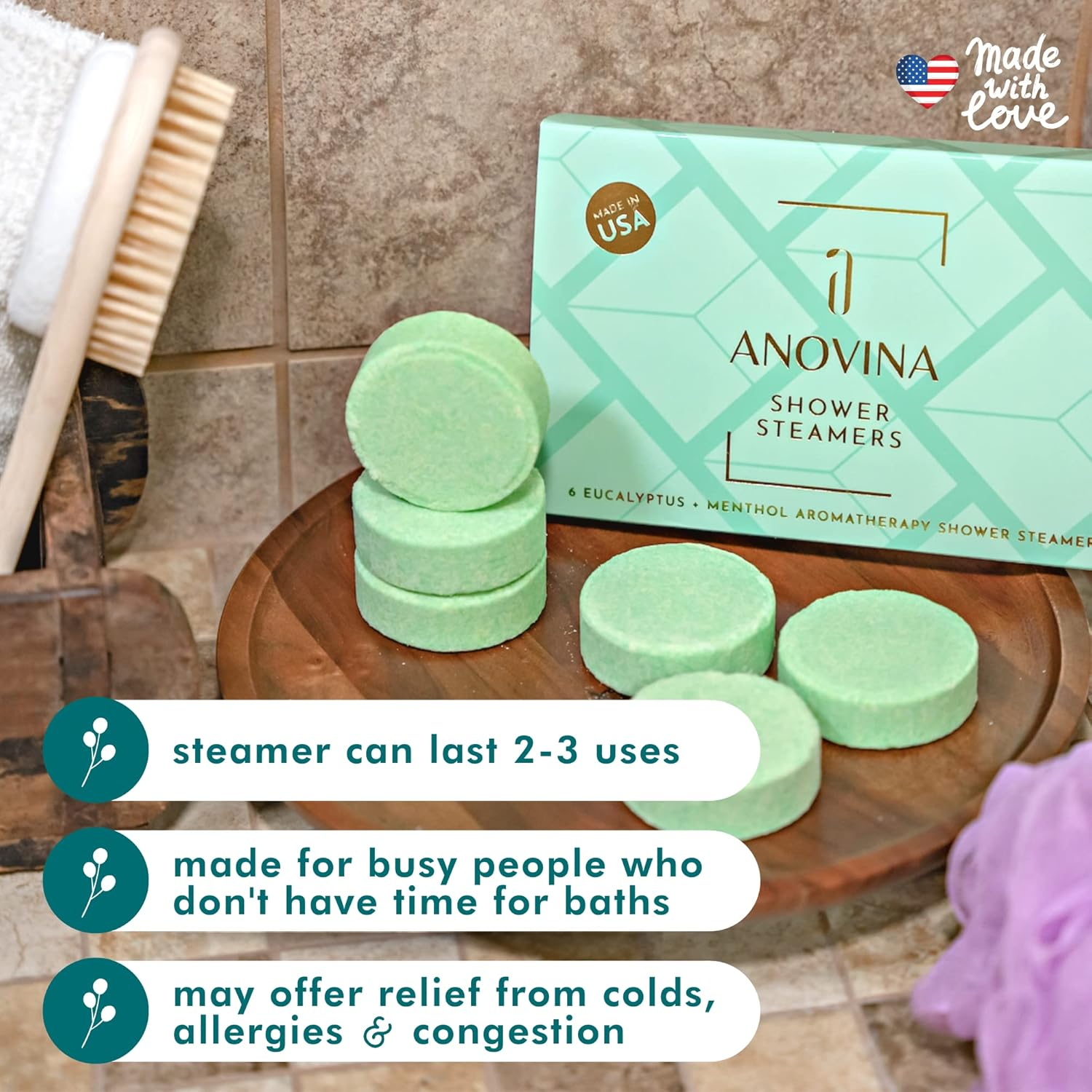 Anovina 6XL Eucalyptus Shower Steamers with Menthol &ndash; Aromatherapy Gift Box Made in USA with All Natural Ingredients. Self-Care Shower Bombs & Valentine'S Gift for Women & Men! image number 3