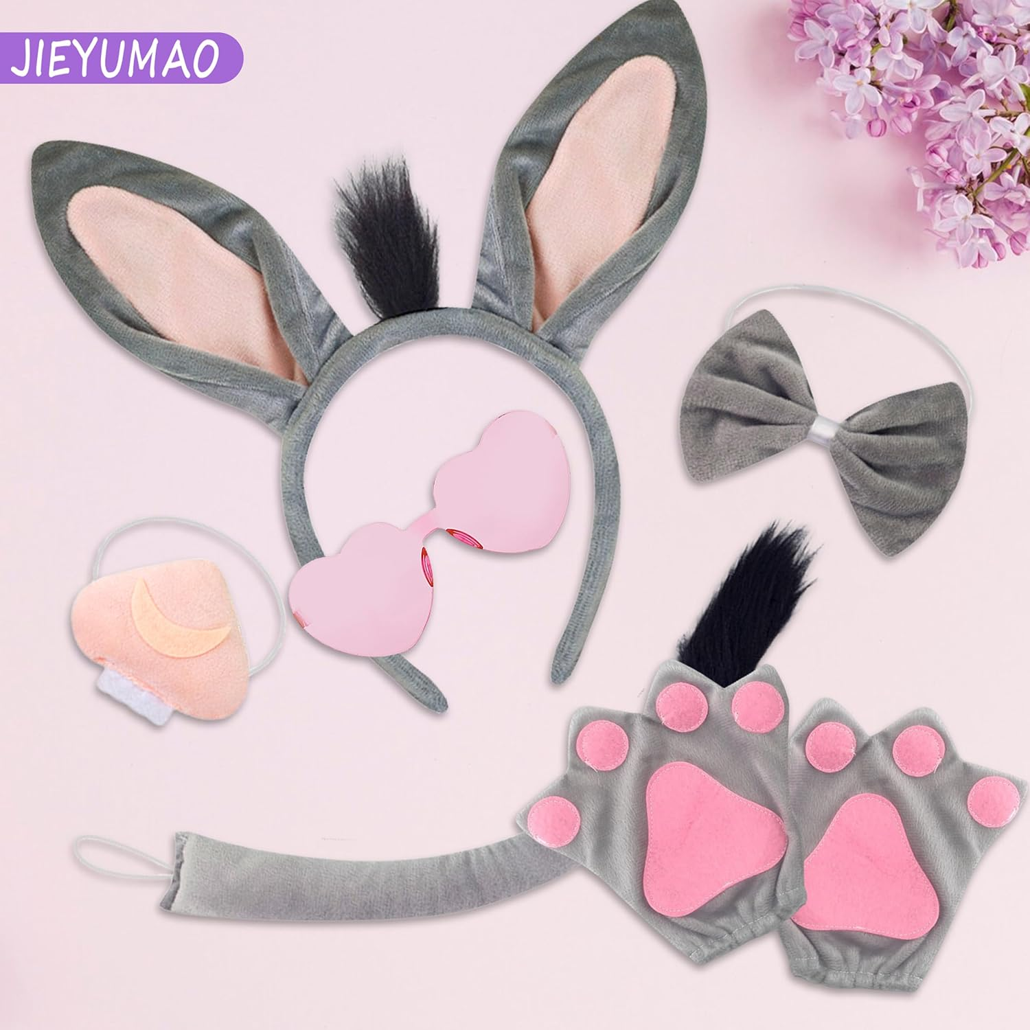 JIEYUMAO Donkey Costume Set, Donkey Costume Accessory for Women Men, Grey Donkeys Costumes with Donkeys Ears Headband Sunglasses Nose Tail Paws Bow Tie for Halloween Cosplay Party image number 3