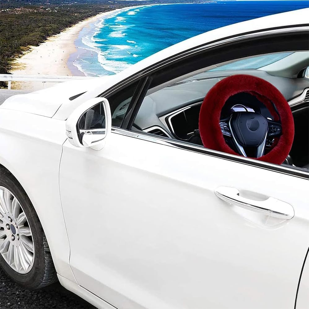 Car Steering Wheel Cover, Fluffy Soft Fur Wheel Protector for Warm Winter, 15'' Anti-Slip Steering Wheel Covers, Universal Vehicle Interior Accessories for Men Women Unique Fashion(Wine Red) image number 4