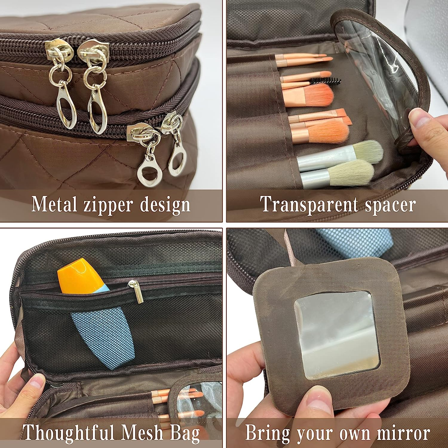 2 Layer Makeup Bag Organizer, Portable Travel Toiletry Bag, Large Capacity Make up Bag with Brush Compartment and Makeup Mirror, Multifunctional Cosmetic Bags for Women Travel Cosmetic Storage