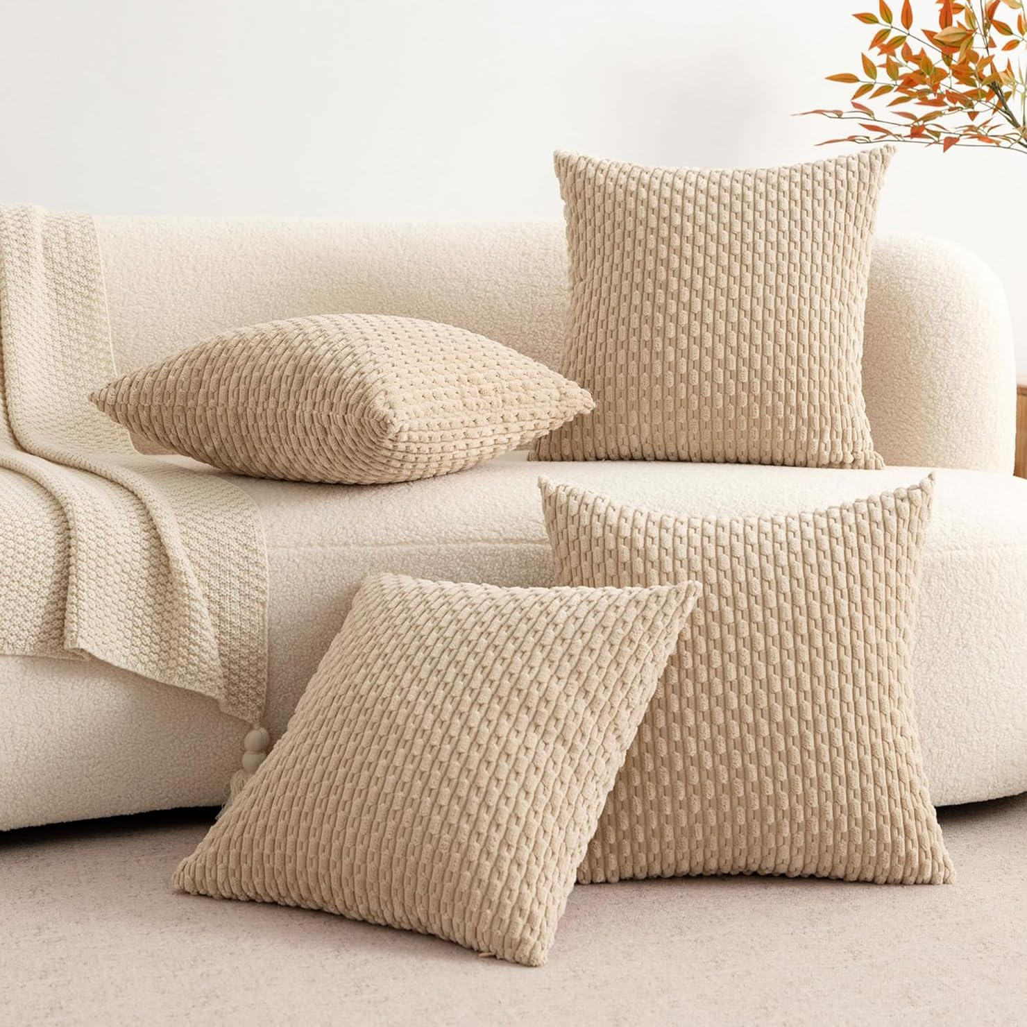 2Pcs Cushion Covers 50Cm X 50Cm, Corduroy Decorative Throw Pillow Covers Soft Boho Striped Pillow Case Modern Farmhouse Home Decor for Sofa Living Room Couch Bed (Khaki, 50Cmx50Cm) image number 4