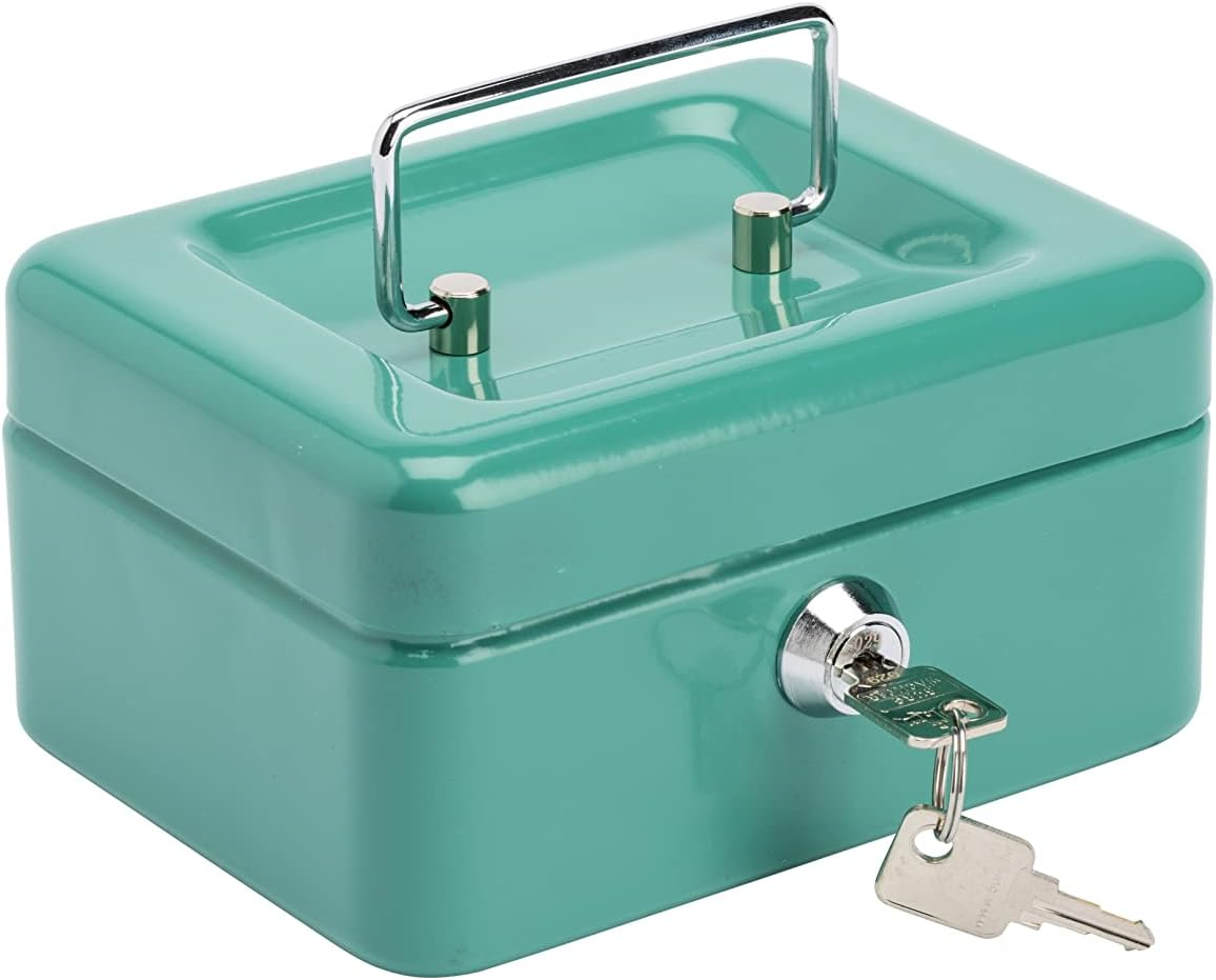 Burg-W&auml;chter Lockable Cash Box with Key and Coin Insert, Small, Sheet Steel, Money 5015, Turquoise-Green