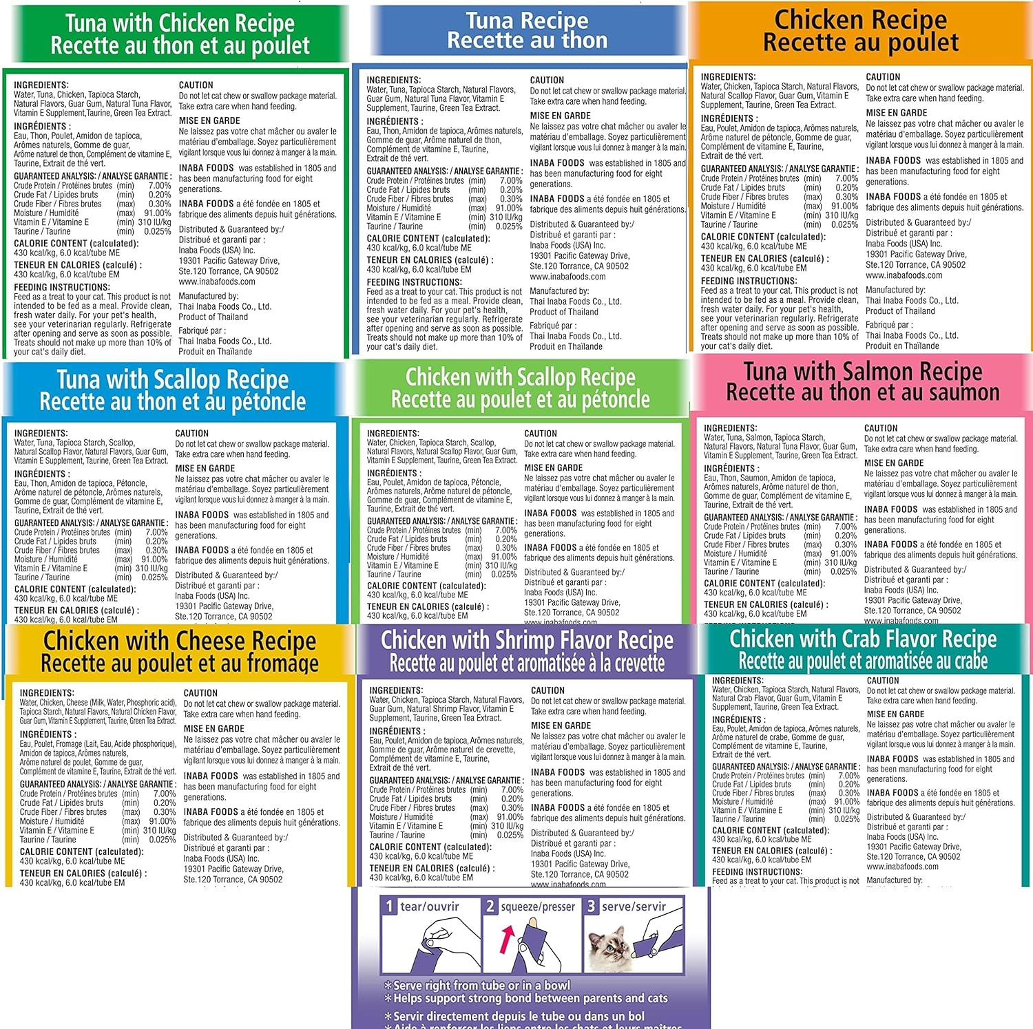 INABA Churu Cat Treats, Grain-Free, Lickable, Squeezable Creamy Pur&eacute;e Cat Treat/Topper with Vitamin E & Taurine, 0.5 Ounces Each Tube, 36 Tubes (4 per Pack), 9 Flavor Variety image number 6