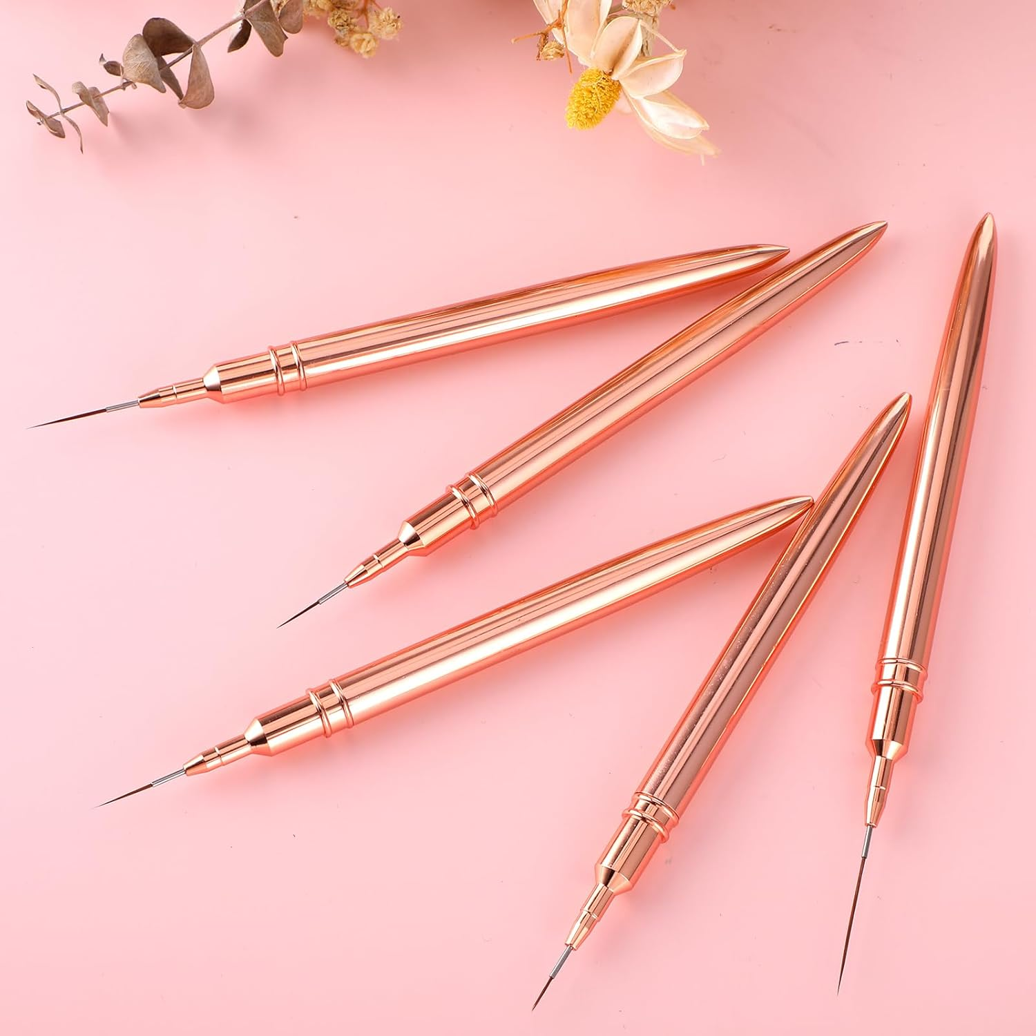 WLLHYF 5Pcs Nail Art Liner Brushes, Painting Nail Art Brushes for Long Lines, Details, Fine Drawing Nail Dotting Drawing Tool Set 7Mm/9Mm/11Mm/15Mm/25Mm - Pink Greenish image number 3