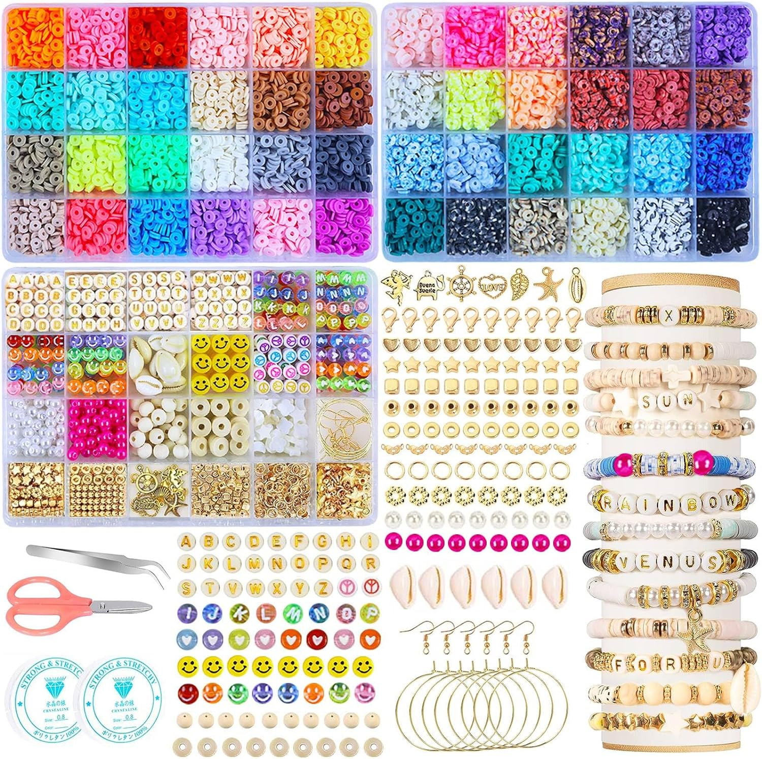 Clay Beads for Jewellery Making Kit, 18000Pcs Craft Kits - 56 Colors 3 Boxes Flat round Polymer Clay Beads with Pendant Charms Kit Letter Beads, Bracelet Making Kit for Girls, Teens, Kids and Adults image number 2