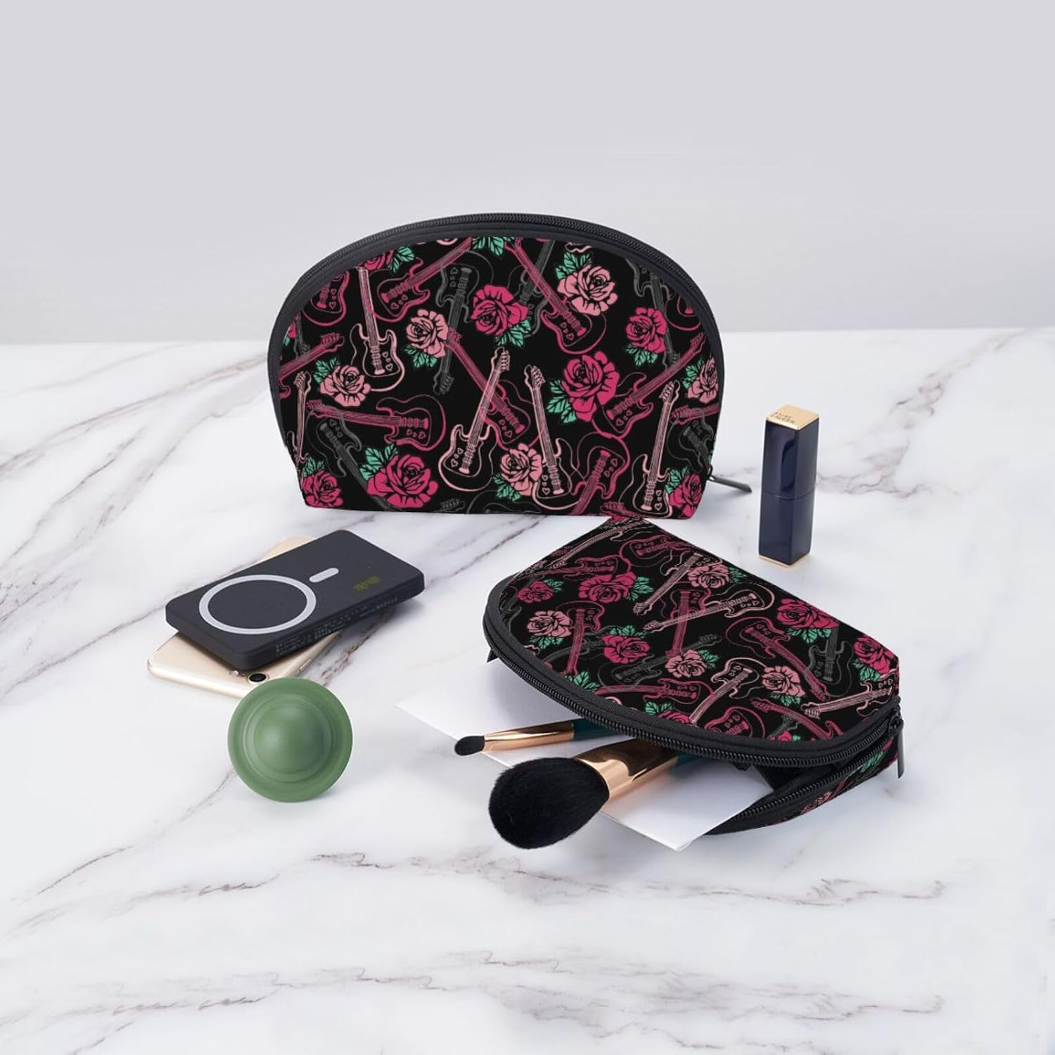 Cozimangoe Coin Pouch Makeup Bags Set, 2 Piece Shell Shape Cosmetic Bag with Pockets for Daily Travel Handbag Lipstick Keys Toiletry, Personalized Guitar and Rose image number 2