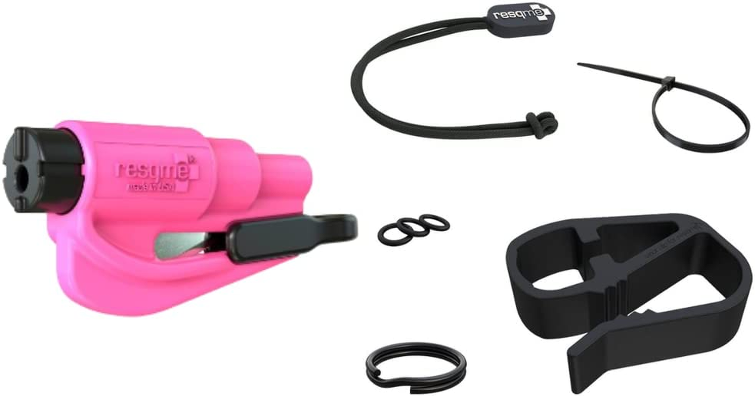 Resqme Accessory Pack the Original Emergency Keychain Car Escape Tool, 2-In-1 Seatbelt Cutter and Window Breaker, Made in USA with Visor Clip, Lanyard, Keyring and Cable Tie - Pink