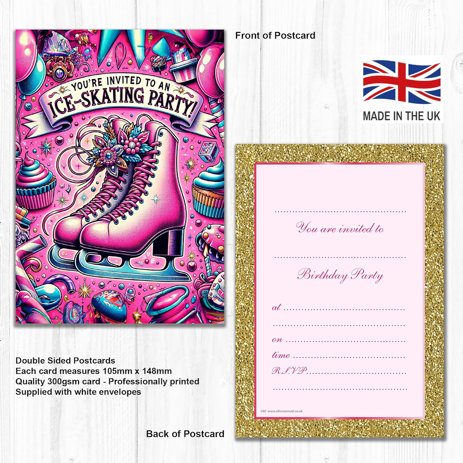 PACK 20 Ice Skating Party Invitations with Envelopes &ndash; Artistic Pink Designs &ndash; Double Sided Cards &ndash; Designed and Printed in the UK image number 1