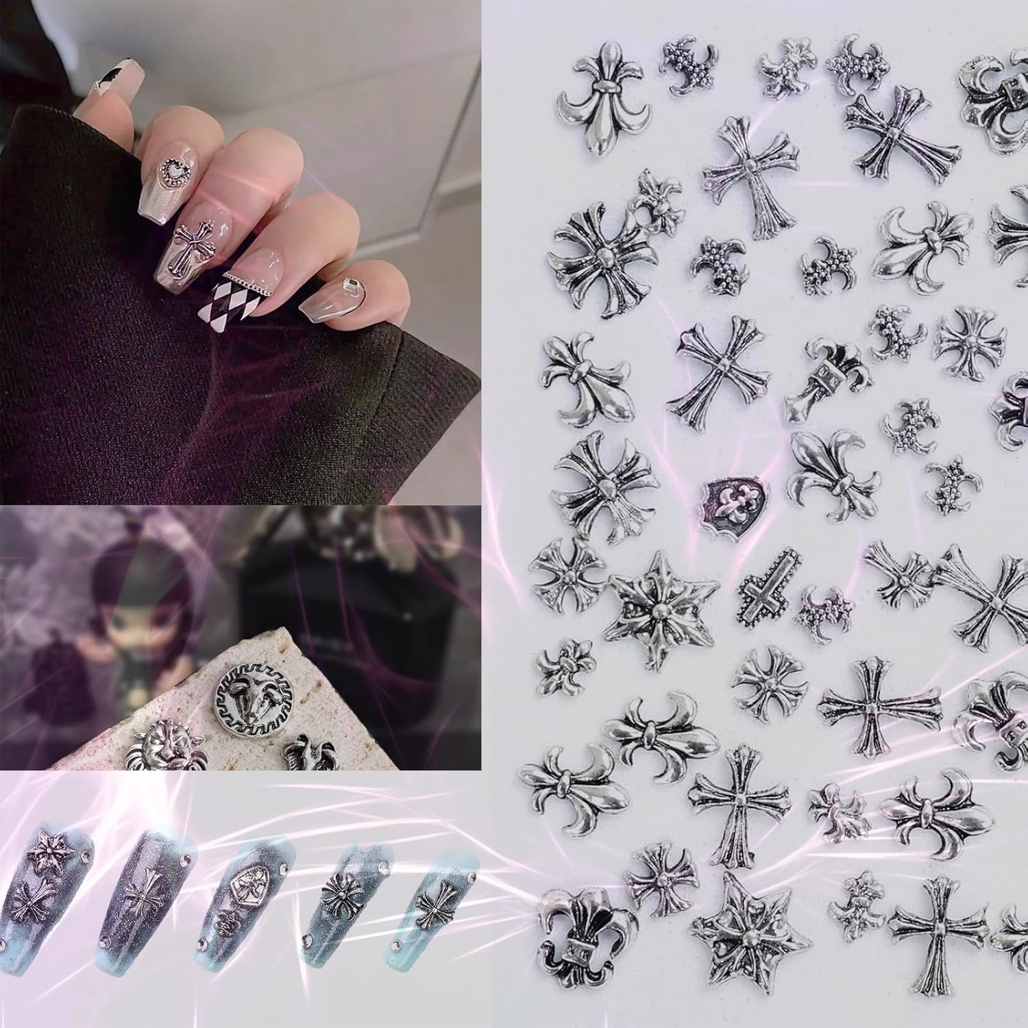 80Pcs Leeneen Silver Metal Cross Nail Charms for Nails Design,Y2K 3D Chrome Nails Art,Vintage Alloy Cross Heart Skull Acrylic Charm for Women, Halloween Nail Supplies (L1) - L2 image number 7