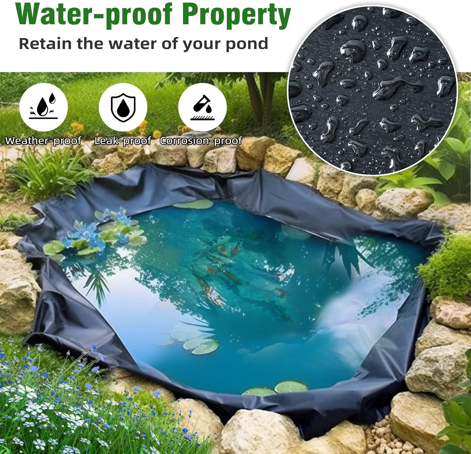 Heavy Duty Pond Liner 3 X 4M | 24Mil Thick HDPE Waterproof Membrane for Outdoor Fish & Koi Ponds, Garden Waterfalls & Backyard Water Features, Supports up to 1900L（500Gallon