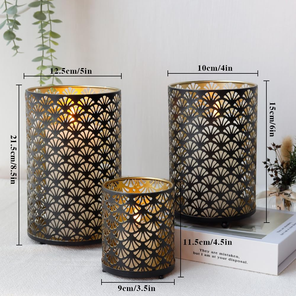 JHY DESIGN Set of 3 Metal Candle Holders Bronze Hurricane Pillar Candleholder Vintage Table Candlestick Holders Great Centerpieces for Home Decor Wedding Parties Events image number 4