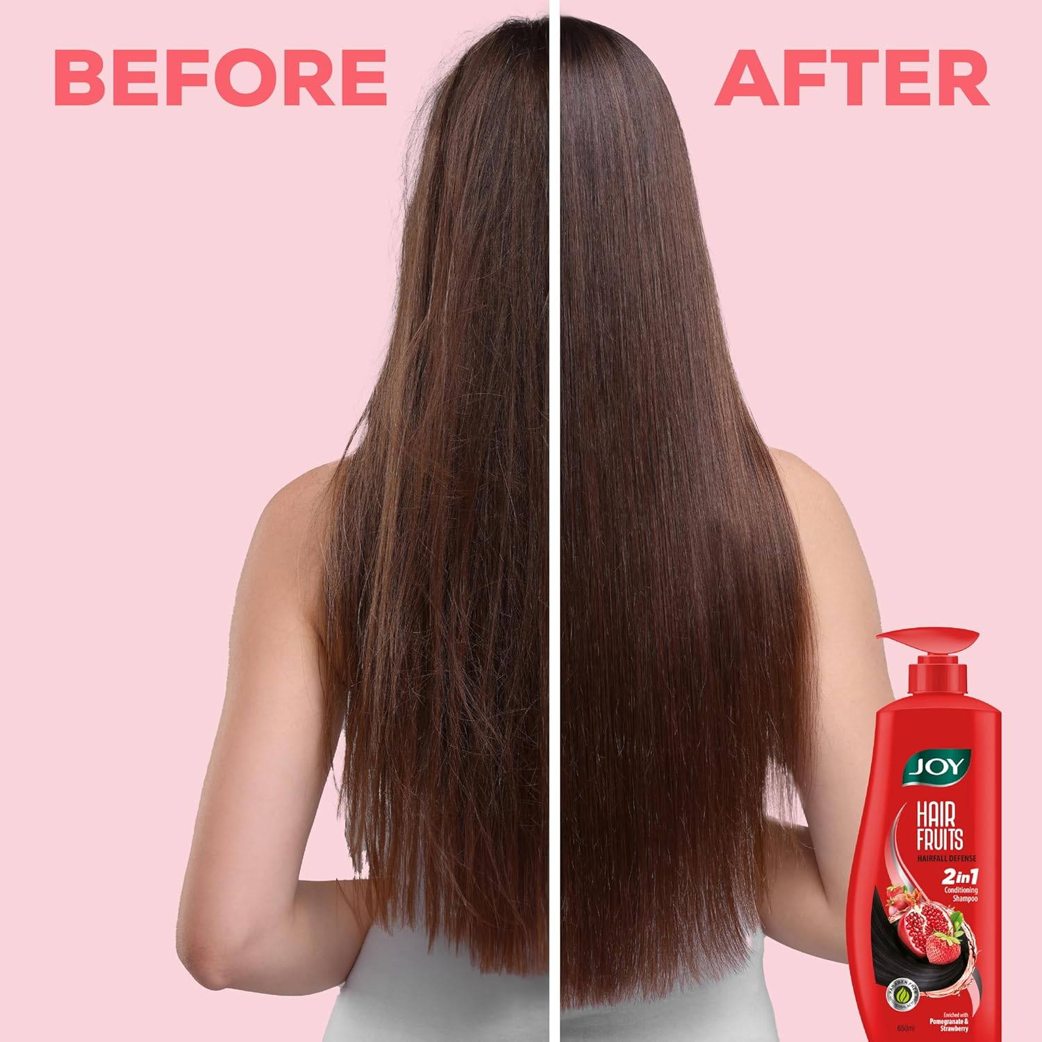 Joy Hair Fruits Hairfall Defense Conditioning Shampoo Enriched with Pomegranate & Strawberry, 650 Ml image number 3